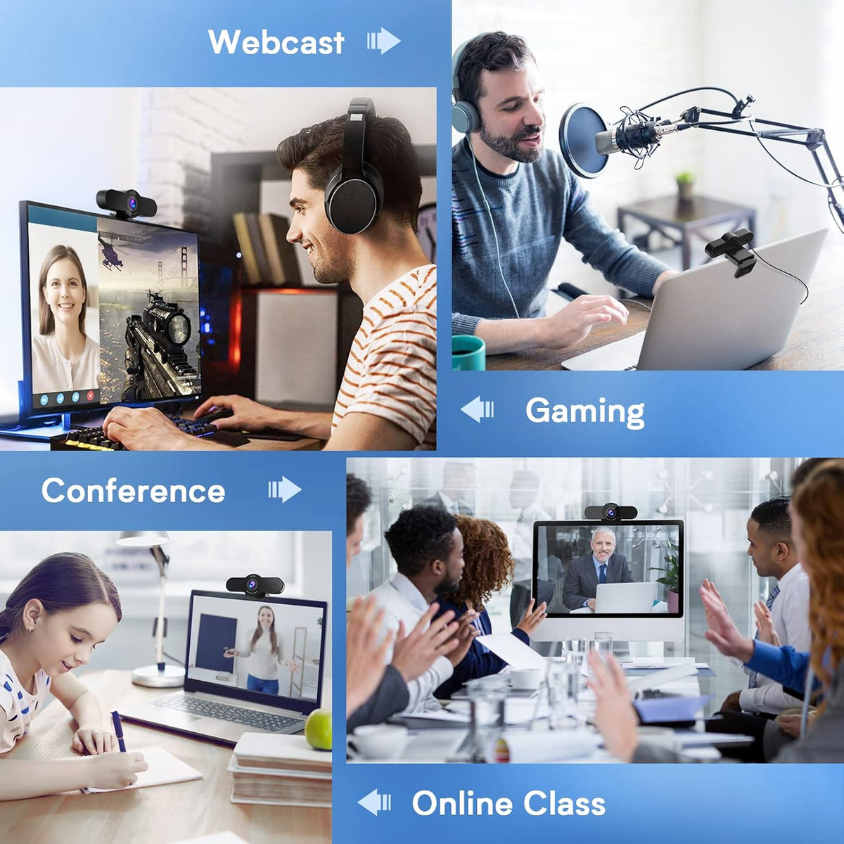 1080P 60FPS Webcam with Privacy Mode, Built-in 2 Noise Reduction Mics, Autofocus USB Camera D565741