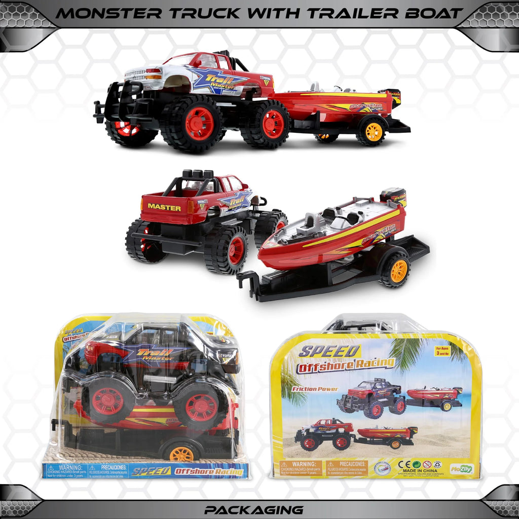 Red Black 9 Inch Truck with Detachable Trailer and 10 Inch Boat Friction Push Powered Playset L988625