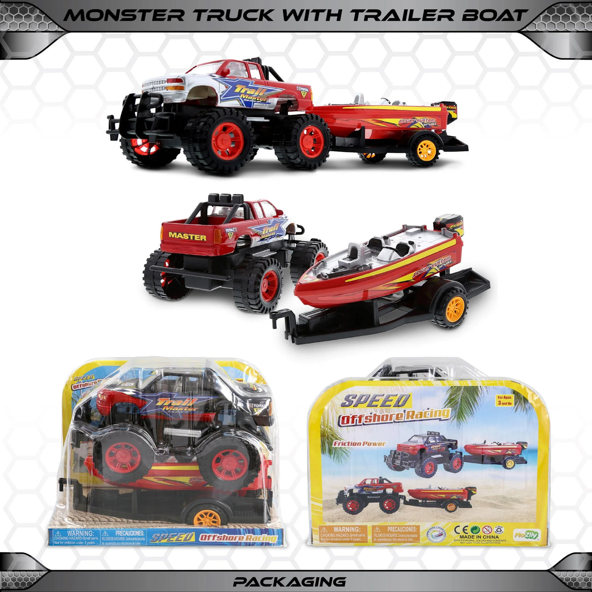 Red Black 9 Inch Truck with Detachable Trailer and 10 Inch Boat Friction Push Powered Playset L988625