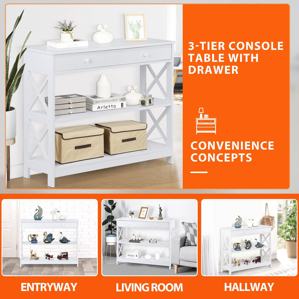 White Wooden Console Table with 1 Drawer and 2 Storage Shelves S512021