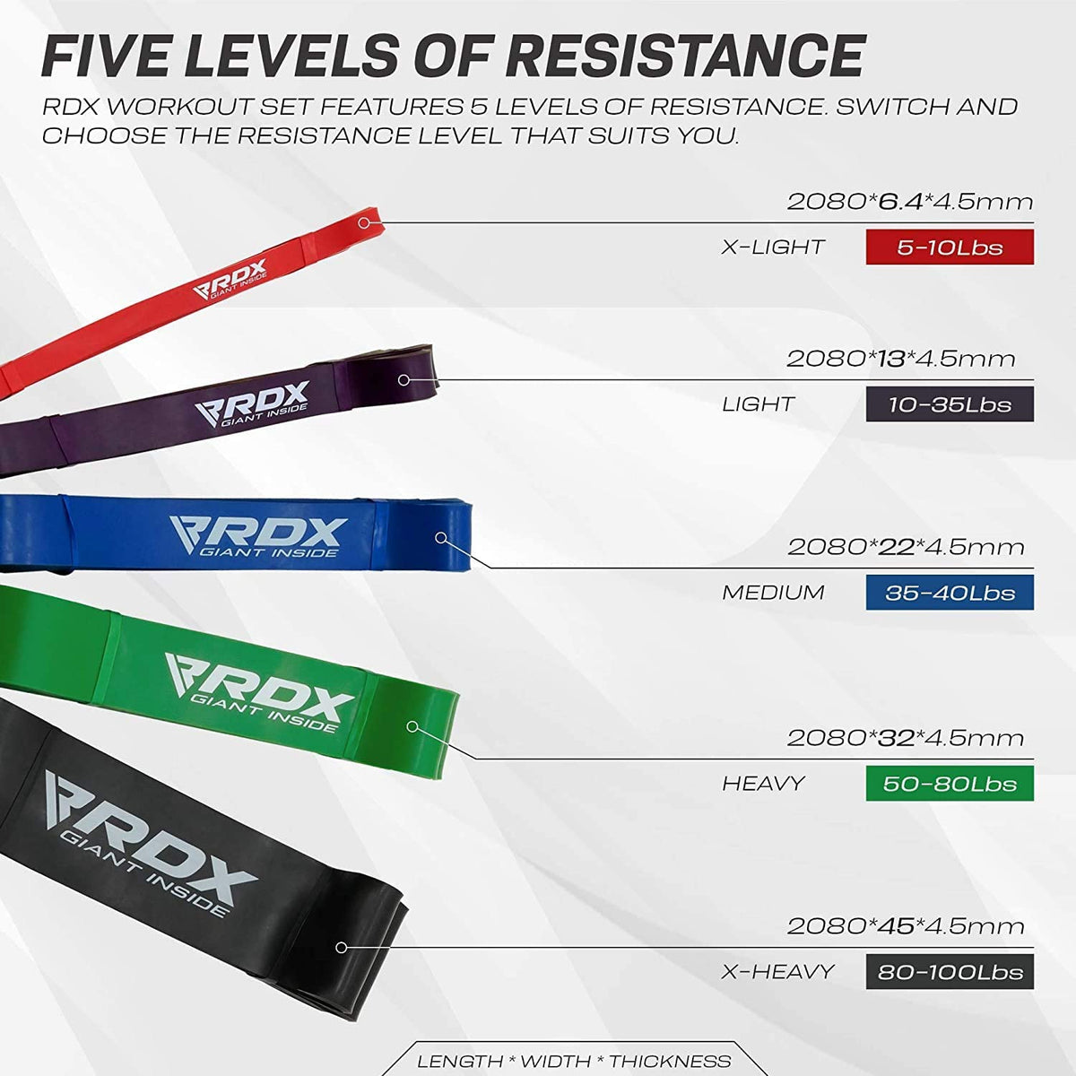 Resistance Bands 5 Level Set, Thick Latex Long Loop N737736