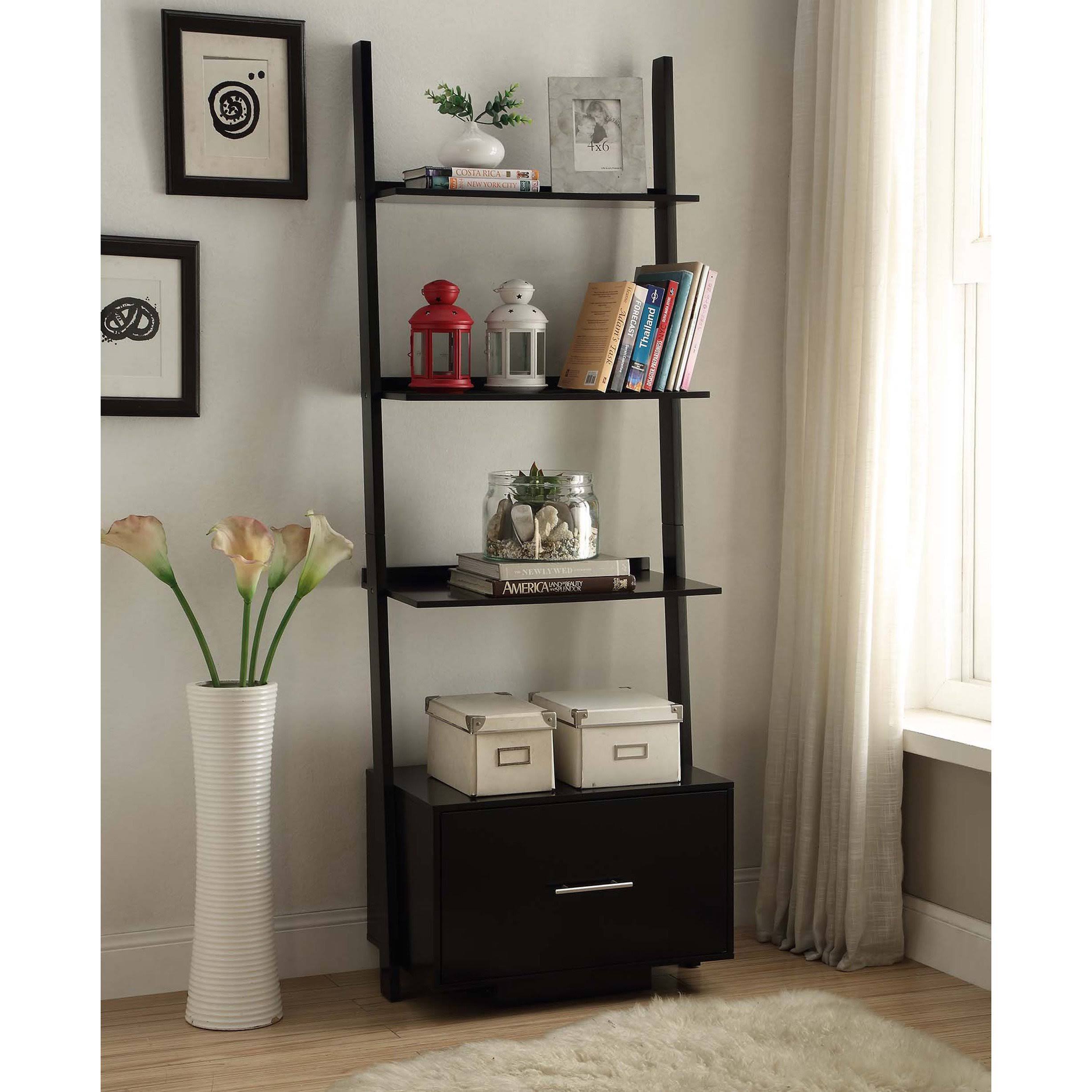 White Ladder Bookcase with File Drawer P7857