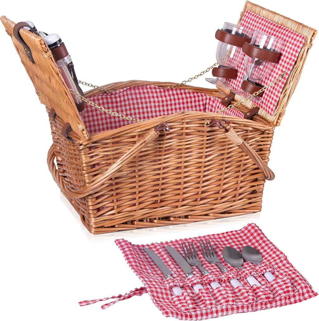 Grey-Stripe Wicker Picnic Basket for 2 with Double Collapsible Handles Y60472