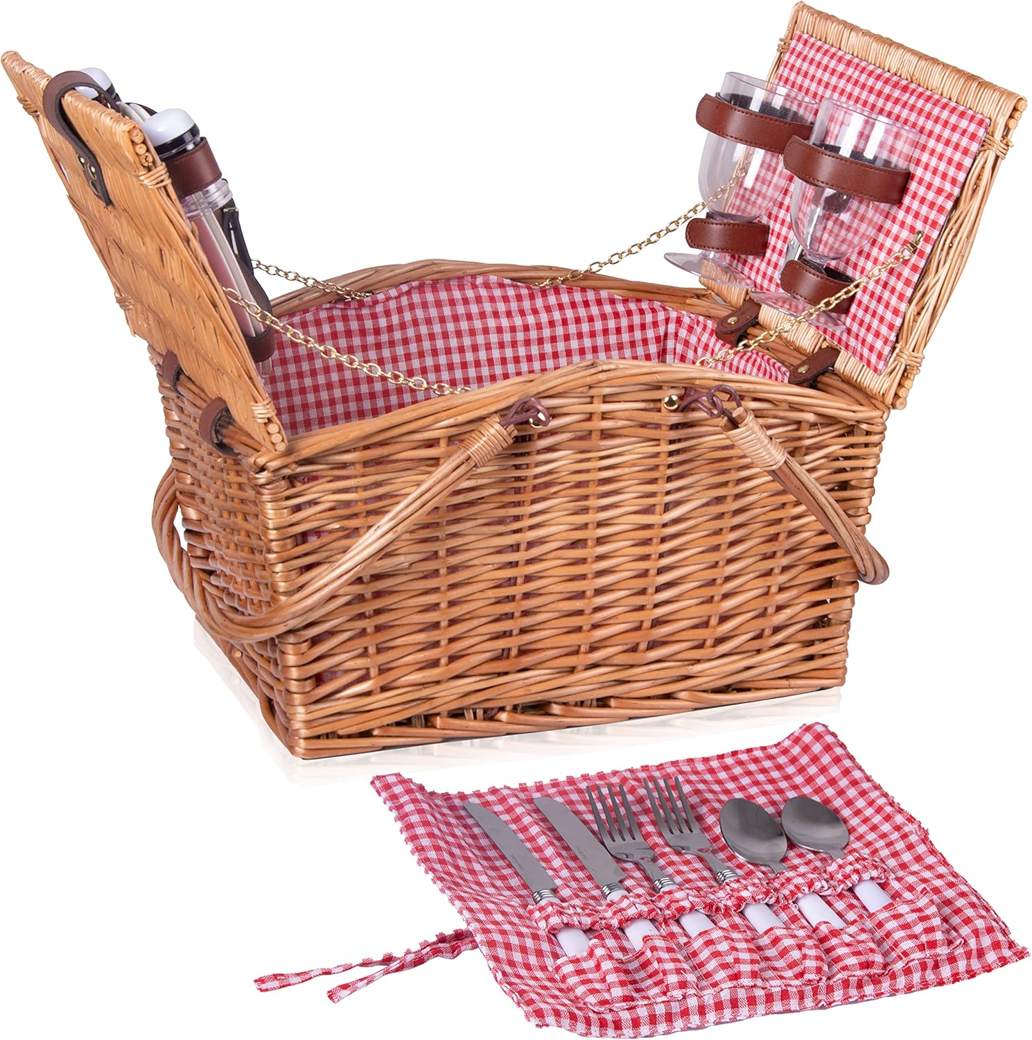 Grey-Stripe Wicker Picnic Basket for 2 with Double Collapsible Handles Y60472