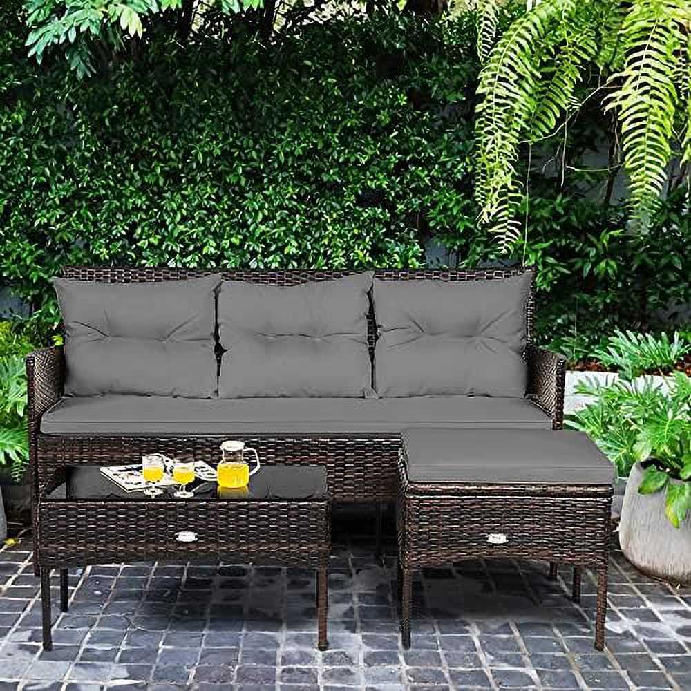 3 Pieces Outdoor Rattan Conversation Set with Tempered Glass Coffee Table, Sectional Sofa Set C73025