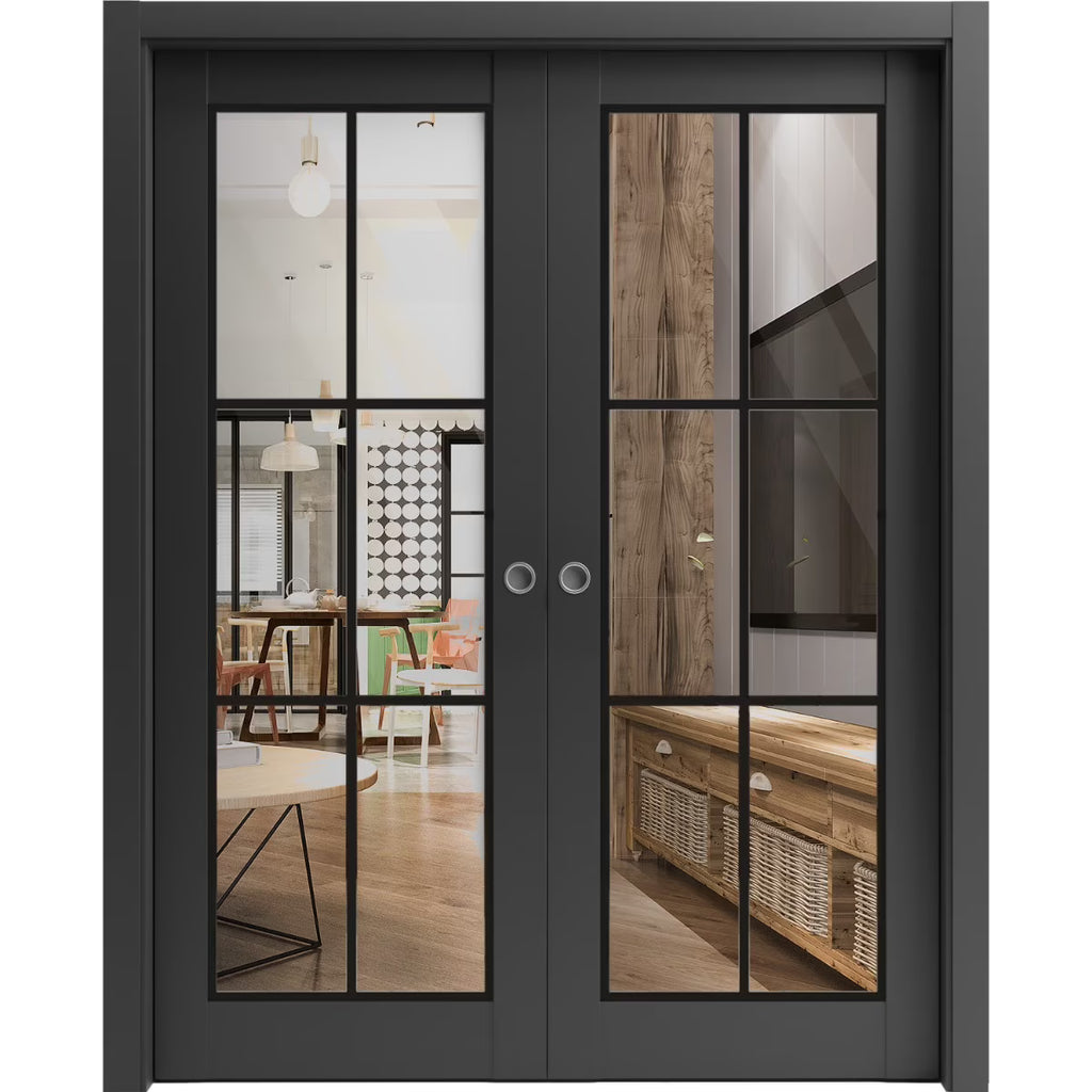 Matte Black Clear Glass Sliding French Double Pocket Doors 36 x 80 inches Solid Wood Interior Doors Z34817