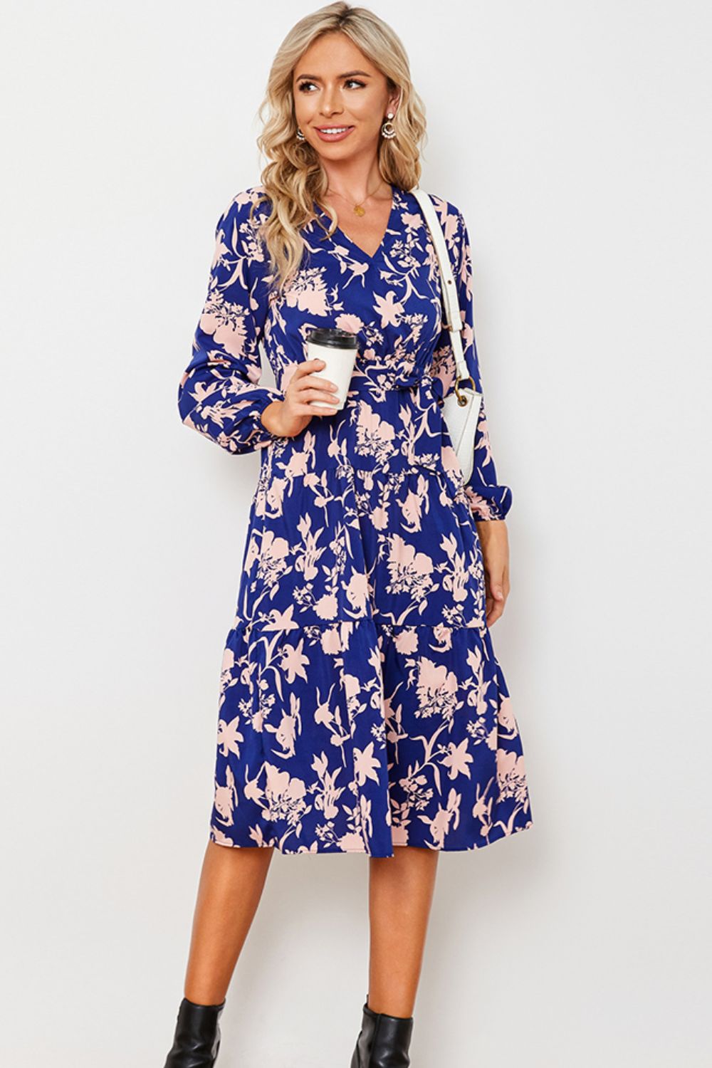 Floral Belted Tiered Midi Dress V575