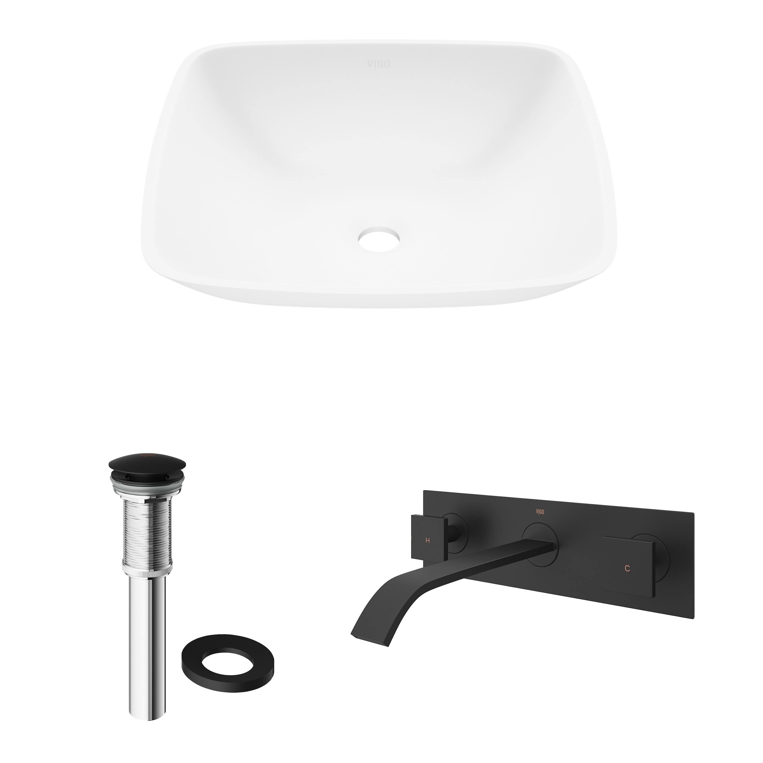 Hyacinth Matte Stone Vessel Bathroom Sink Set with Wall Mount Faucet in Matte Black J172689