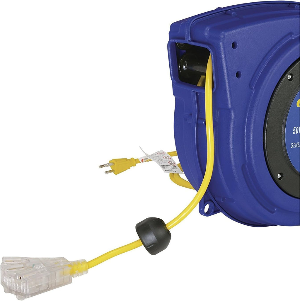 Retractable Extension Cord Reel 16AWG x 50' 3C/SJTOW LED Triple Tap Connector Power 7.5A 125VAC 938W H124110