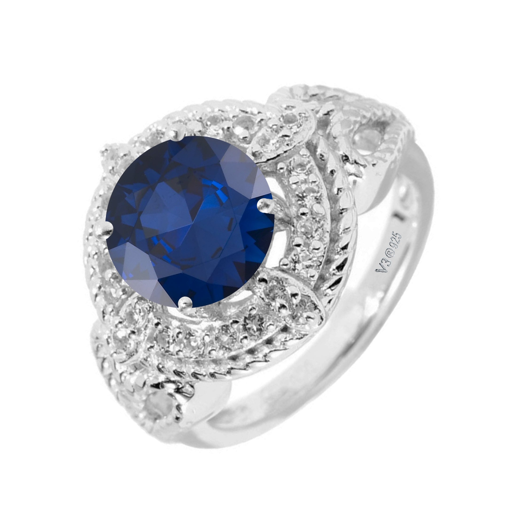 925 Sterling Silver Blue Sapphire White Topaz Halo Ring W245