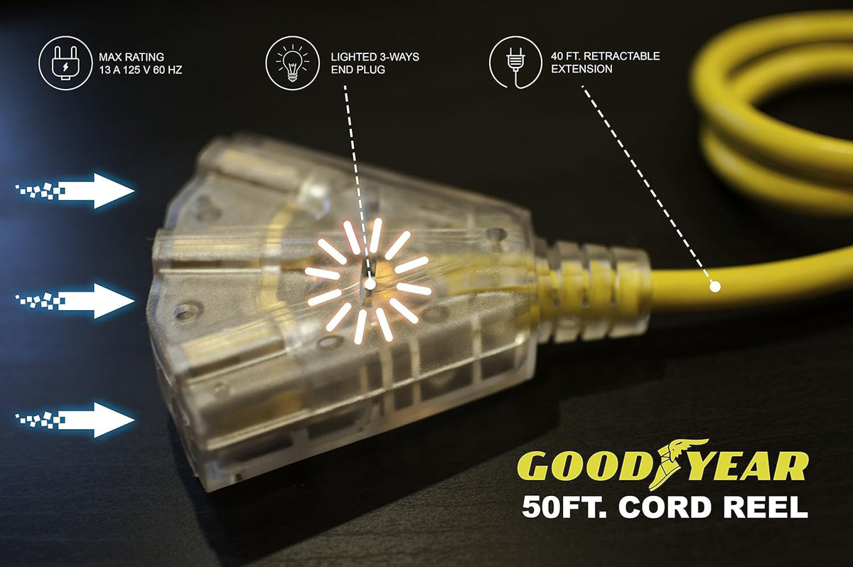 Retractable Extension Cord Reel 16AWG x 50' 3C/SJTOW LED Triple Tap Connector Power 7.5A 125VAC 938W H124110