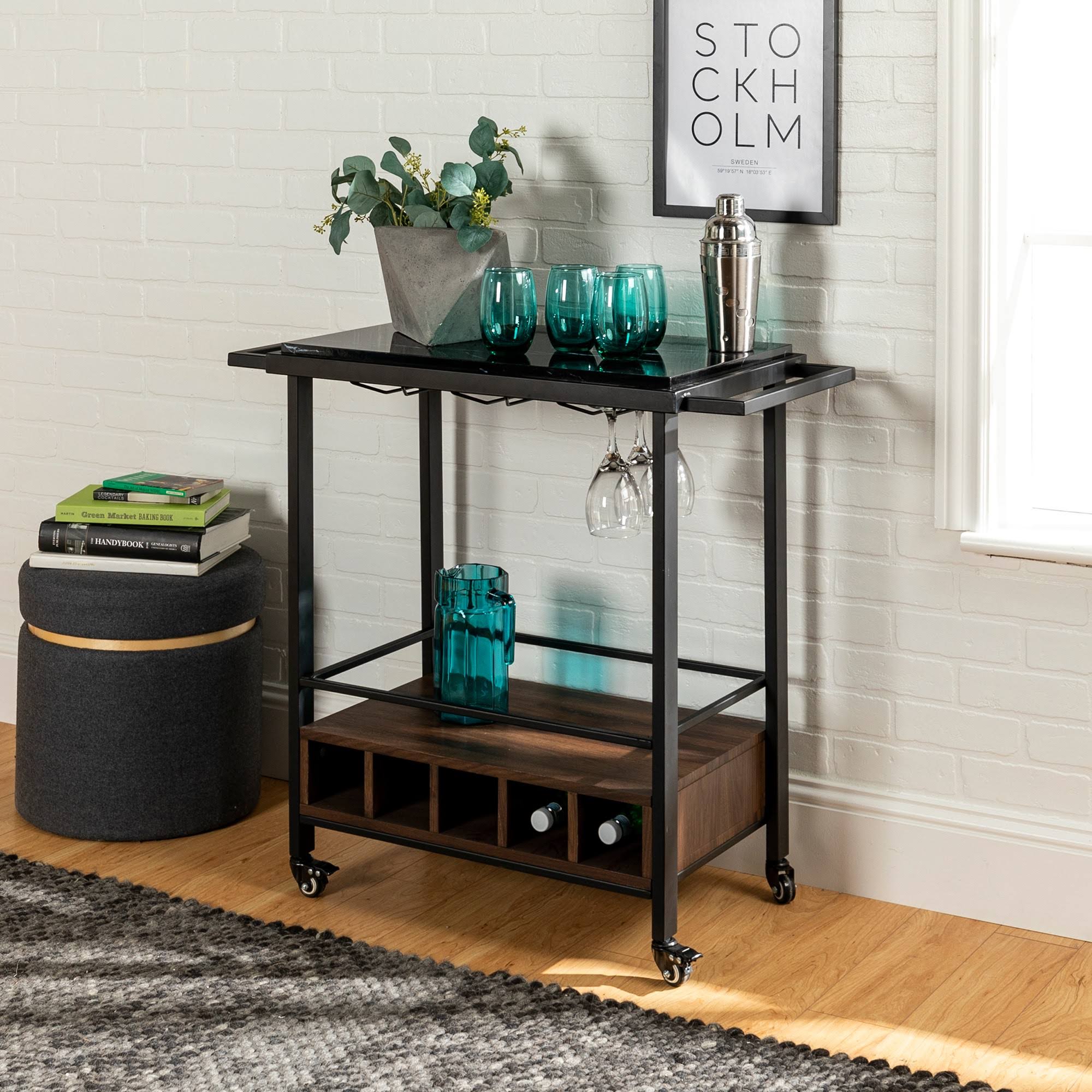 Black Faux Marble Rolling Bar Cart with Bottle Storage L81513
