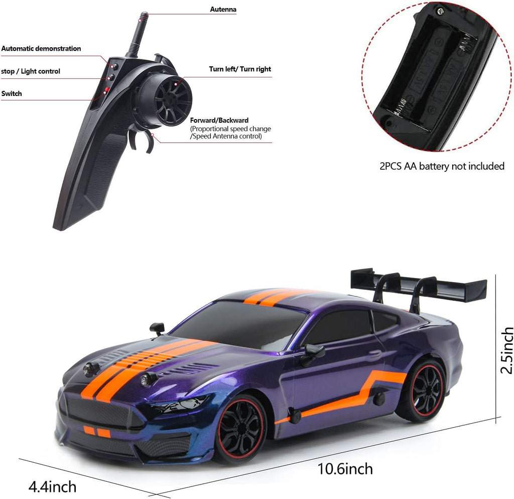 Remote Control Car RC Sport Racing Car 4WD RTR Vehicle with LED Lights, Two Batteries and Drift Tires + Racing Tires H9564
