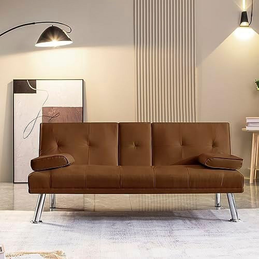 Brown Leather Futon Sofa Bed with Cup Holders and Removable Armrest A452