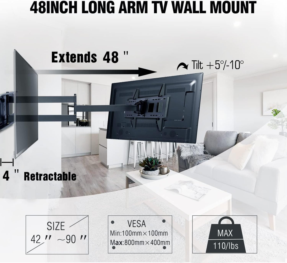 Extra Long Arm Full Motion TV Wall Mount Bracket with 48" Extension Articulating Arm H70478