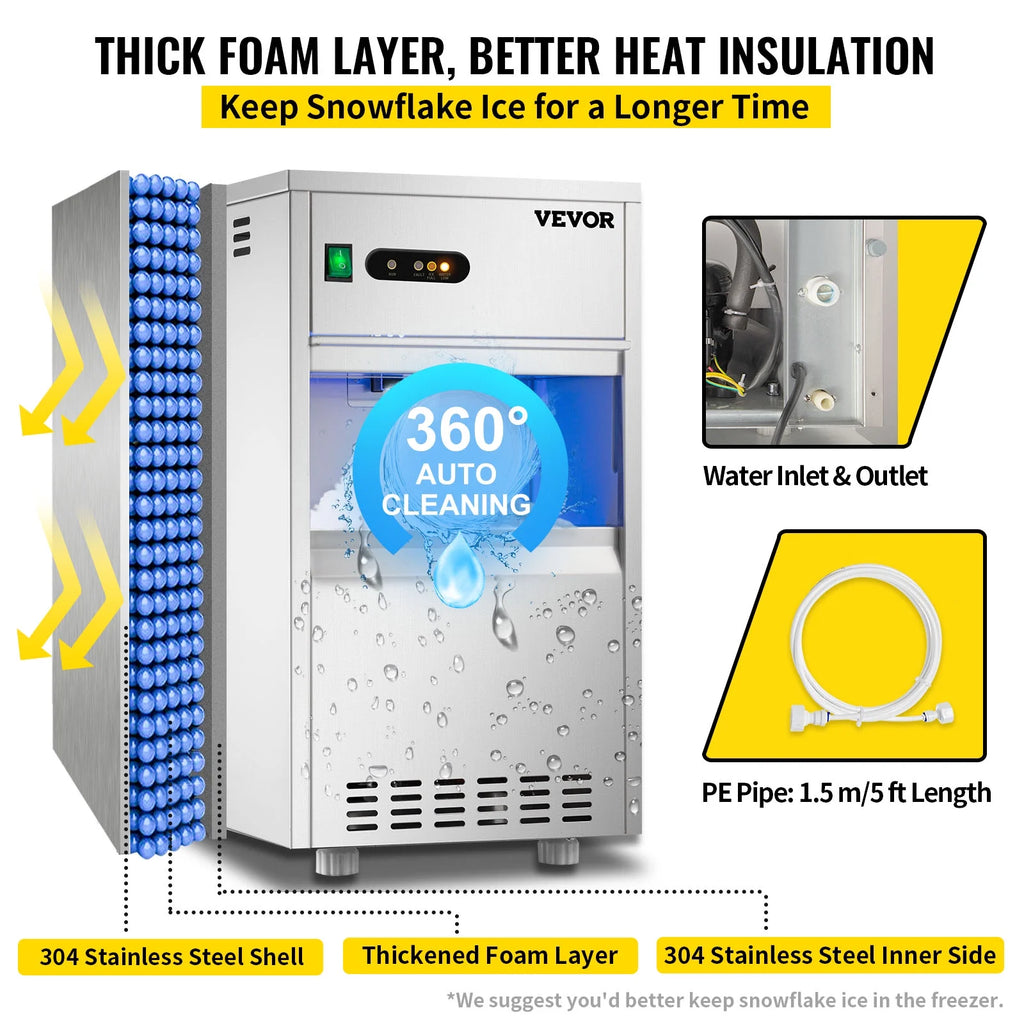 110V Commercial Snowflake Ice Maker 55lbs/24h, Food Grade Stainless Steel, Automatic Operation, Free Standing, Water Filter and Spoon Q776213