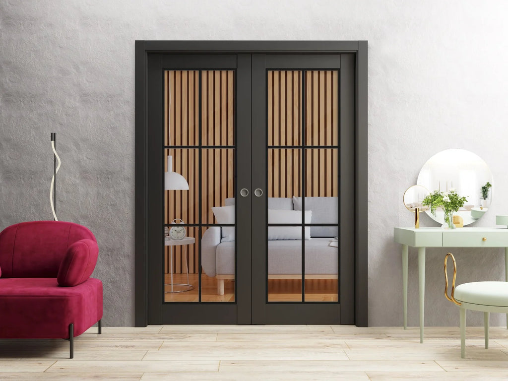 Matte Black Clear Glass Sliding French Double Pocket Doors 36 x 80 inches Solid Wood Interior Doors Z34817