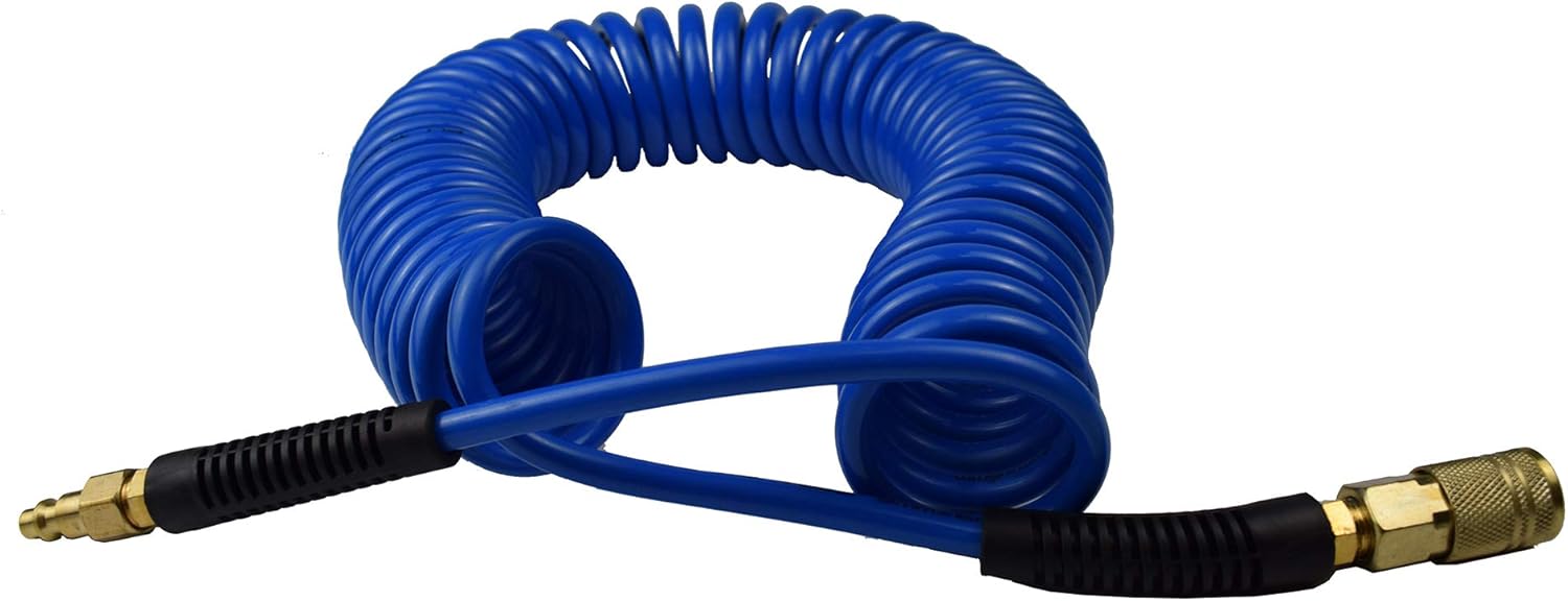 10-Pack Blue Polyurethane Recoil Air Hose 1/4" by 25' with Bend Restrictor and Quick Coupler R99238