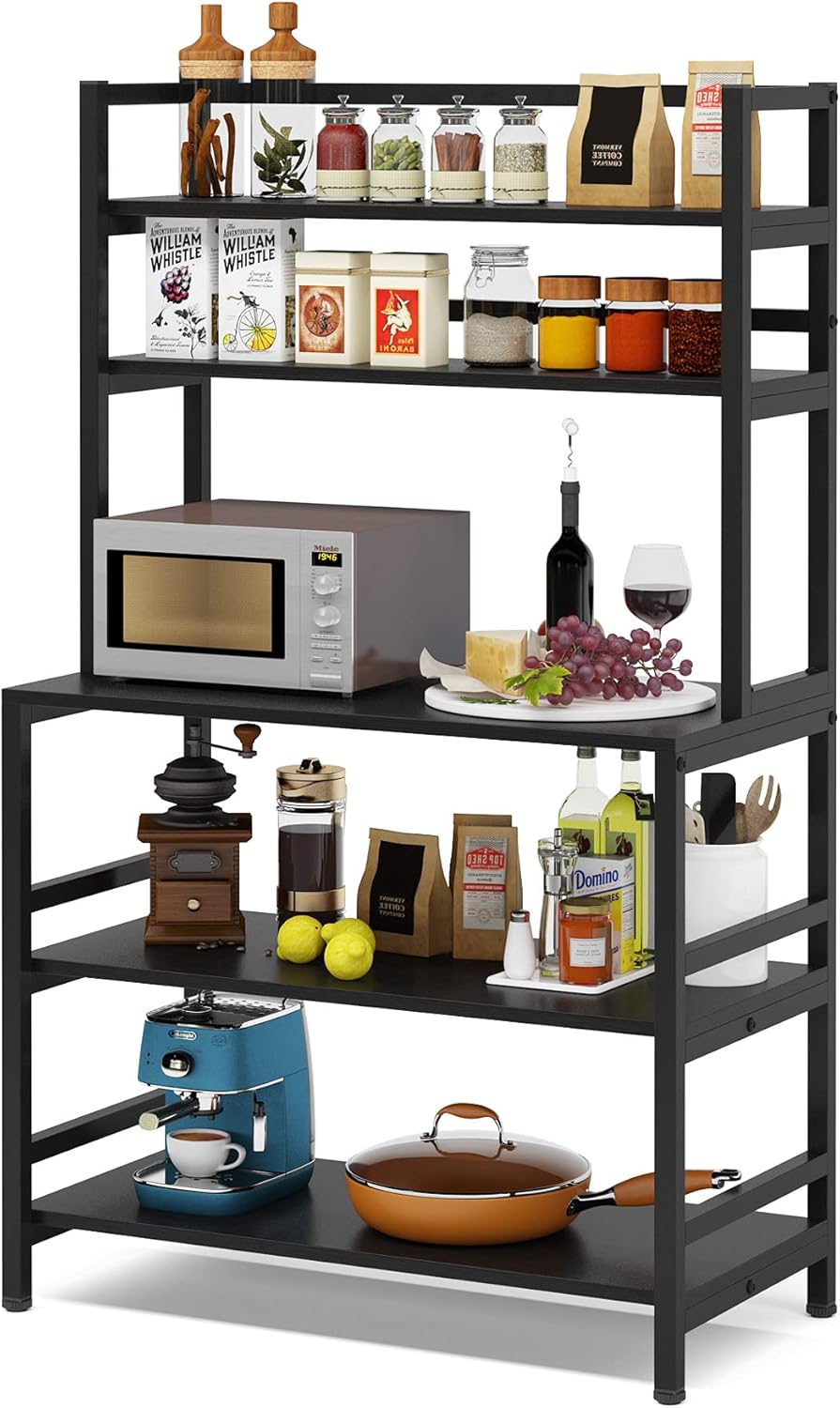 5-Tier Kitchen Bakers Rack with Hutch, Industrial Microwave Oven Stand, Free Standing Kitchen Utility Cart Storage Shelf Organizer (Rustic Brown) H512589