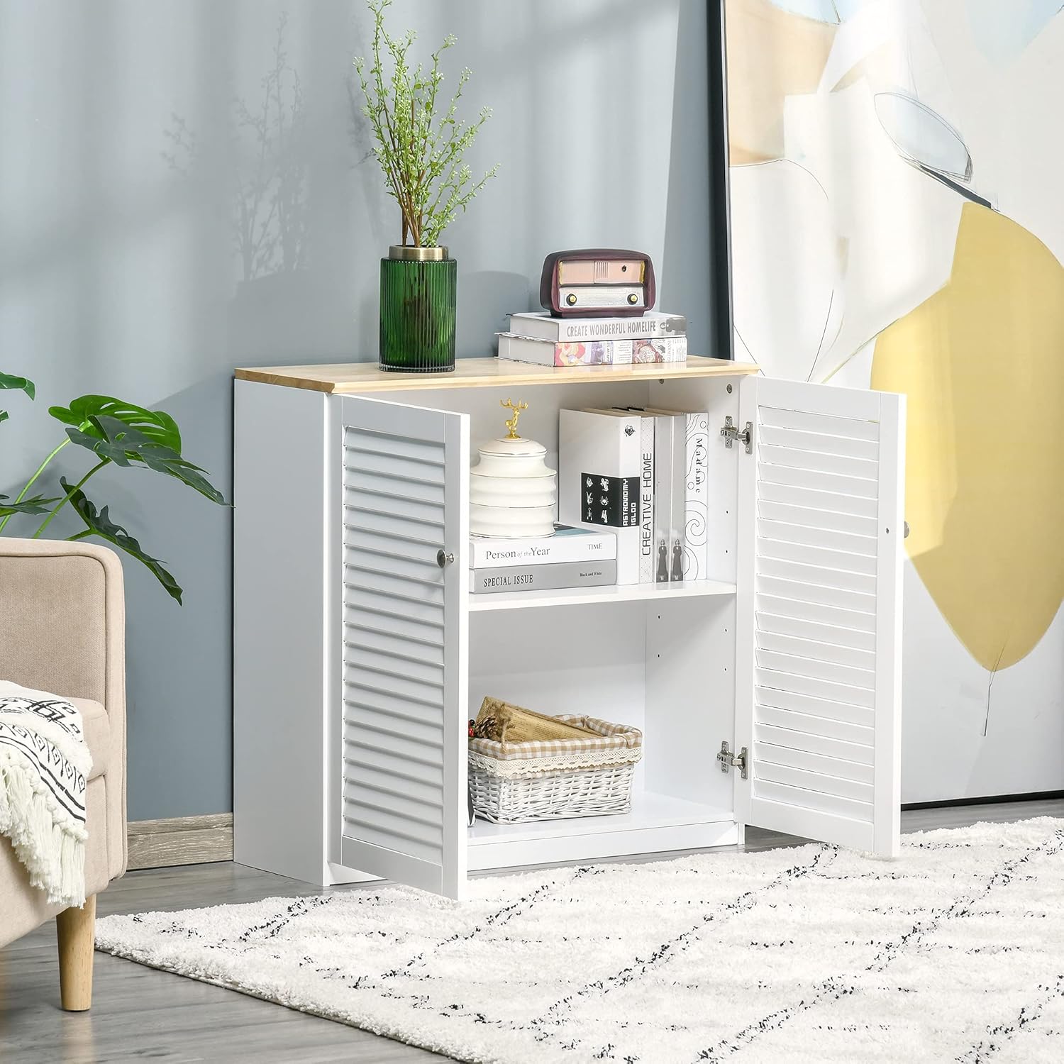 White Freestanding Storage Cabinet with Louvered Doors H153207