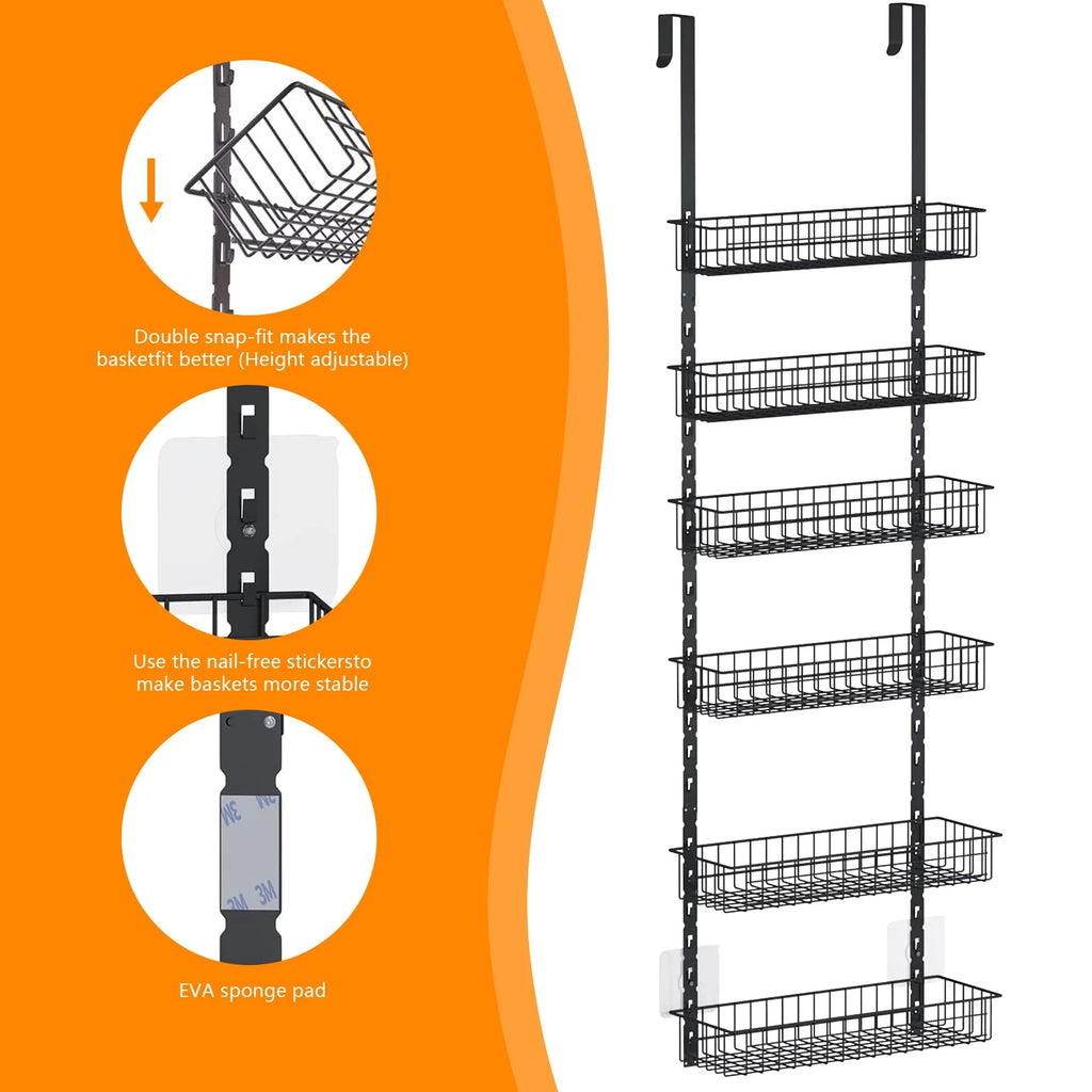 Black Over the Door Pantry Organizer with 6 Tier Adjustable Shelves K71242
