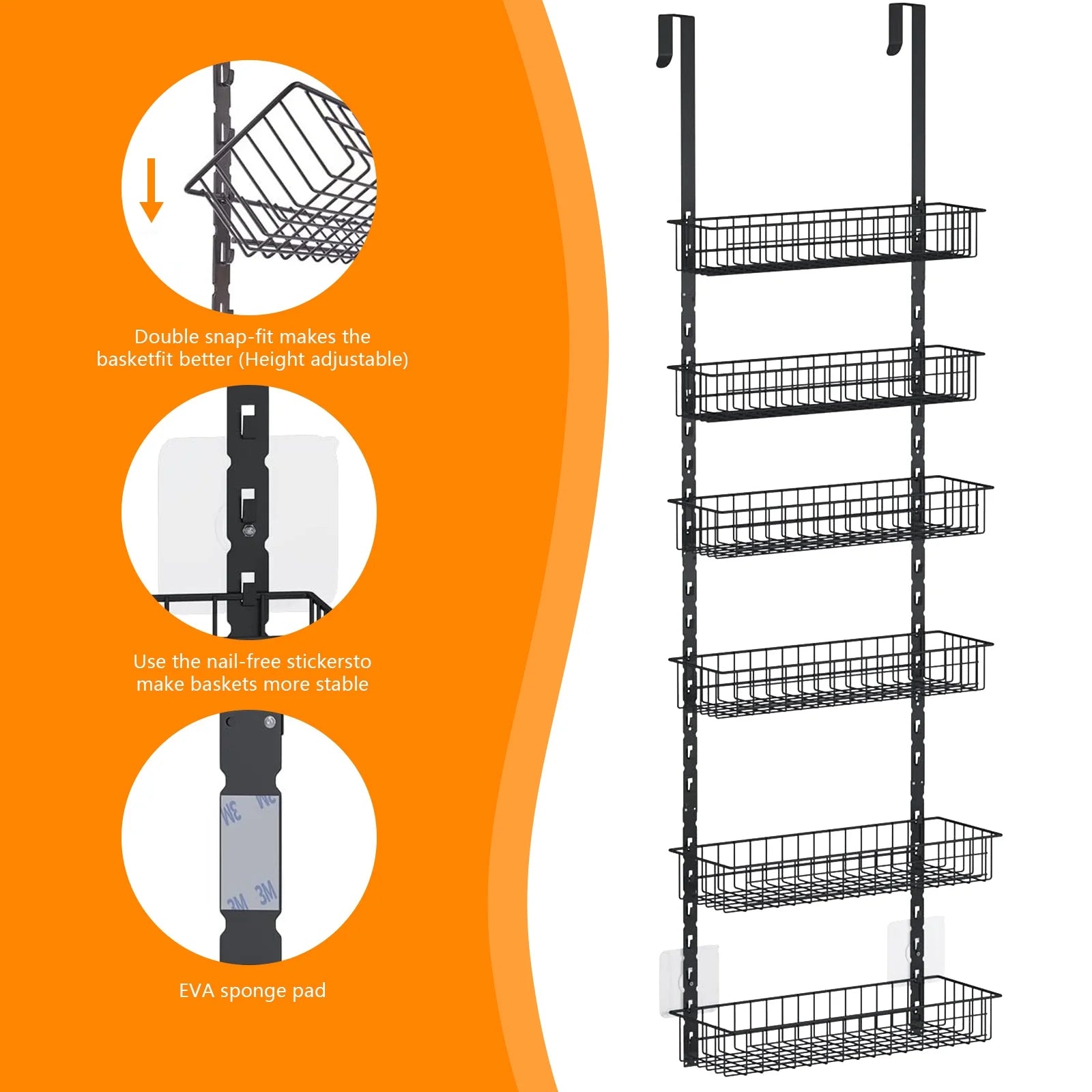 Black Over the Door Pantry Organizer with 6 Tier Adjustable Shelves K71242