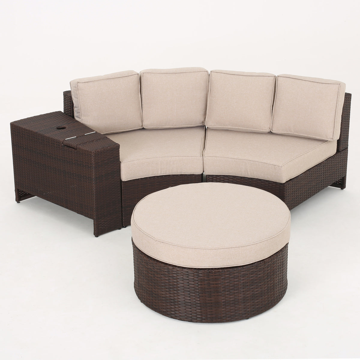 Textured Beige and Brown Outdoor Wicker 2 Seater Sectional Set with Ottoman L7261