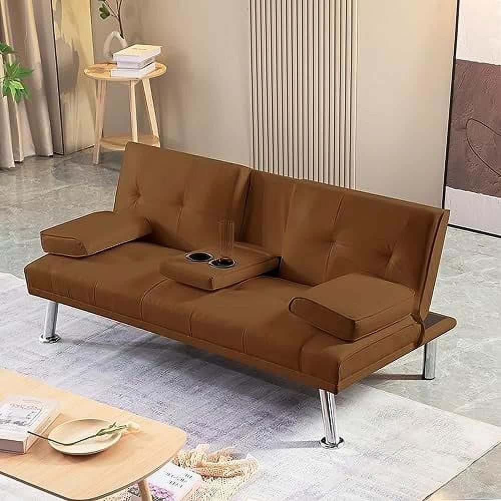 Brown Leather Futon Sofa Bed with Cup Holders and Removable Armrest A452