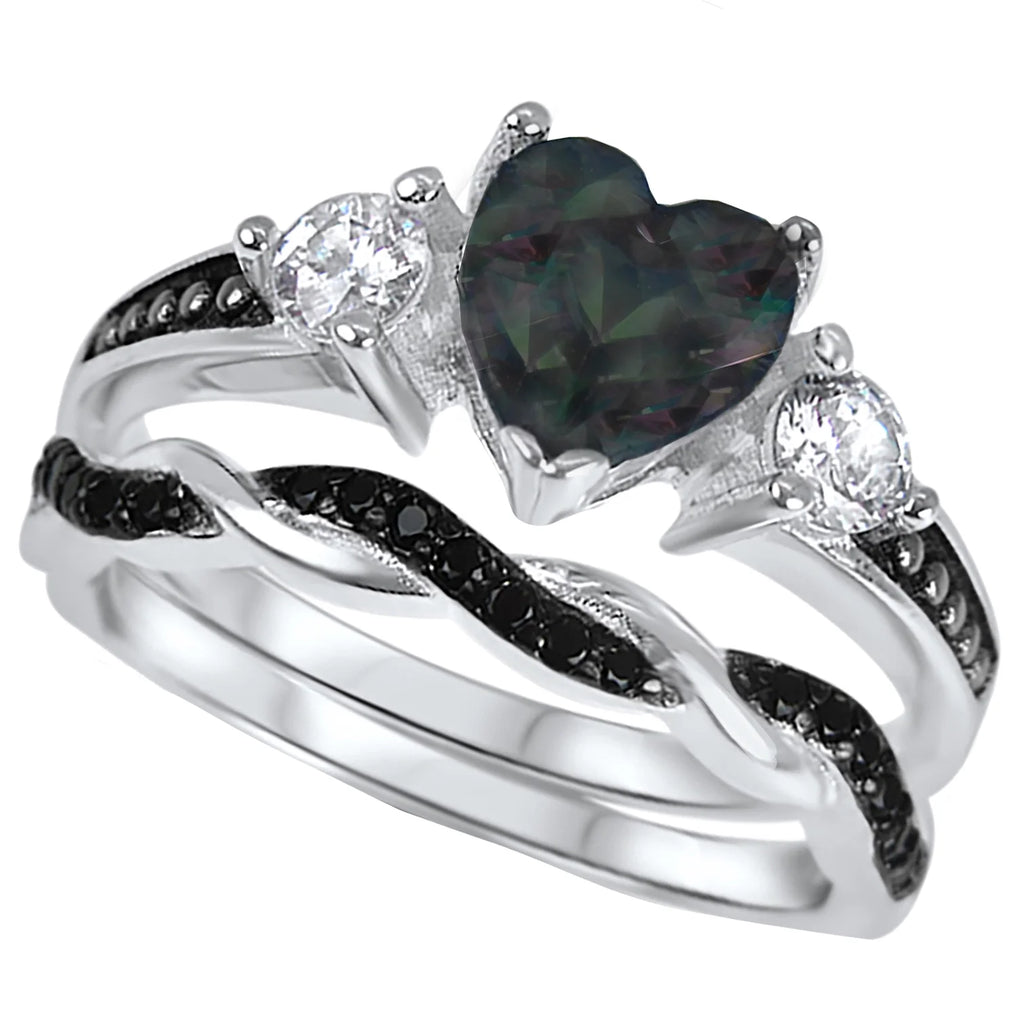 3 Piece Sterling Silver Black Wedding Band Engagement Ring Set V829048