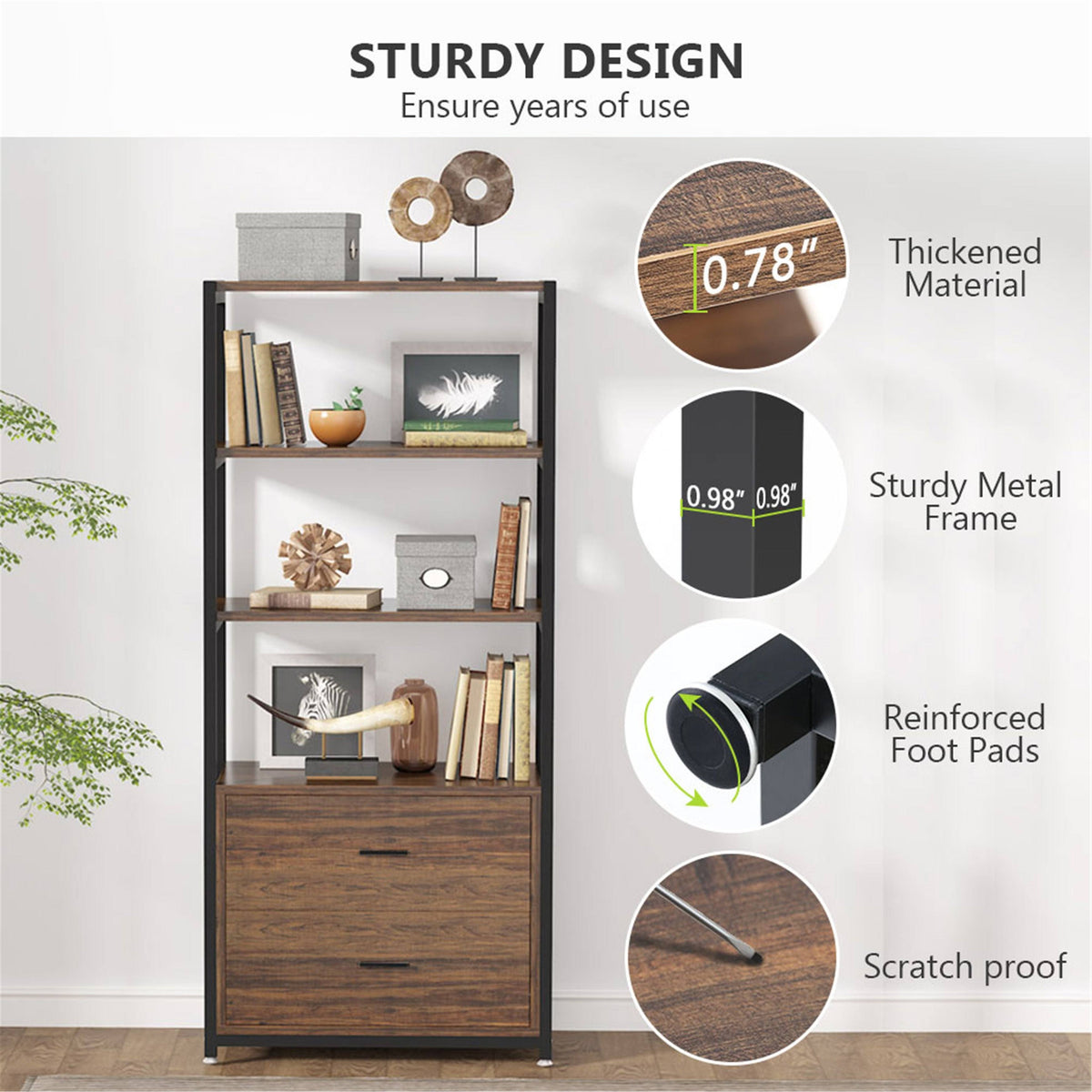 Brown/Black 4-Tier Bookcase with 2 Drawers B380