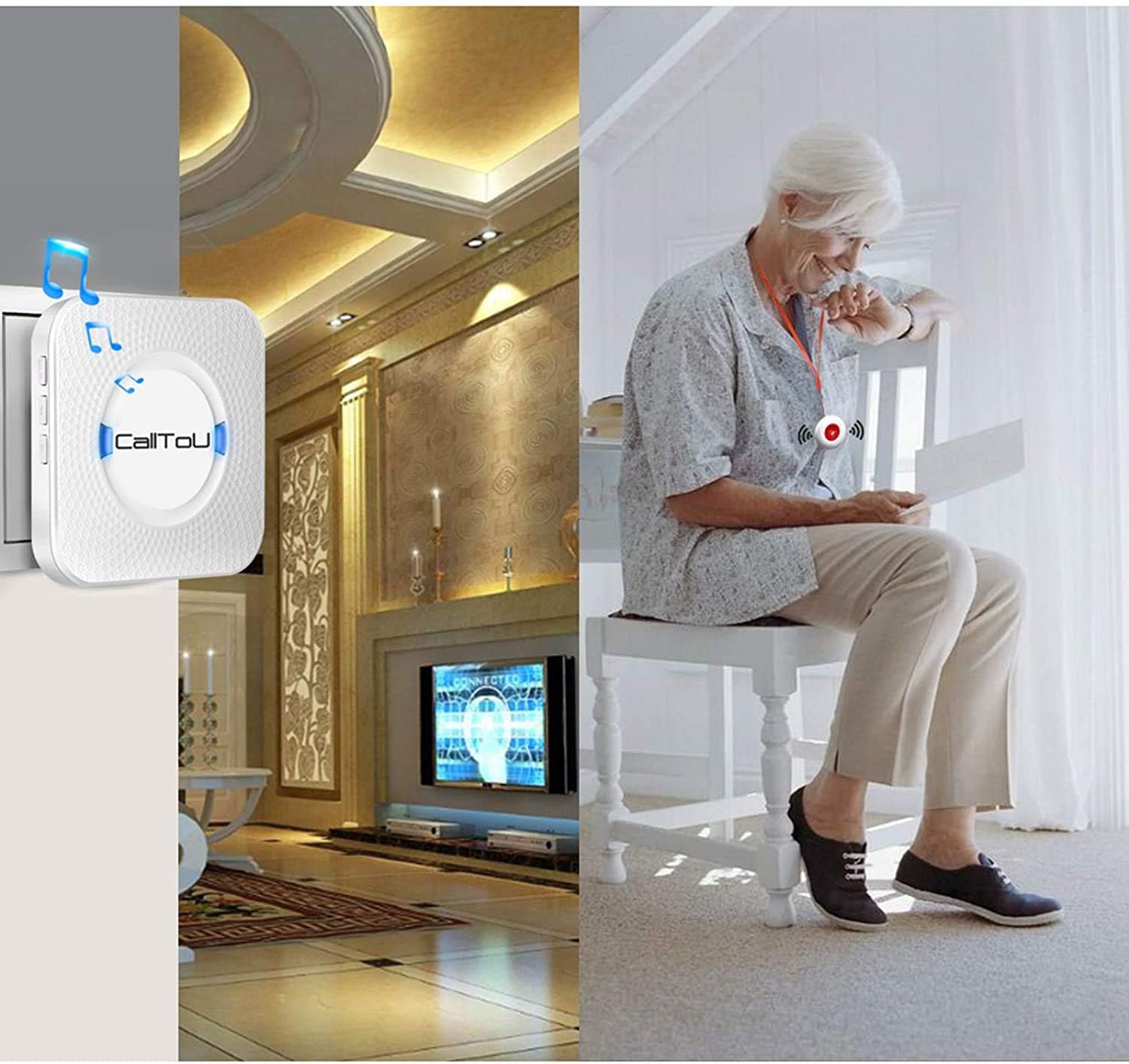 Wireless Caregiver Pager System with 2 SOS Call Buttons, 2 Receivers, 1 Steel Hand Bell O66241