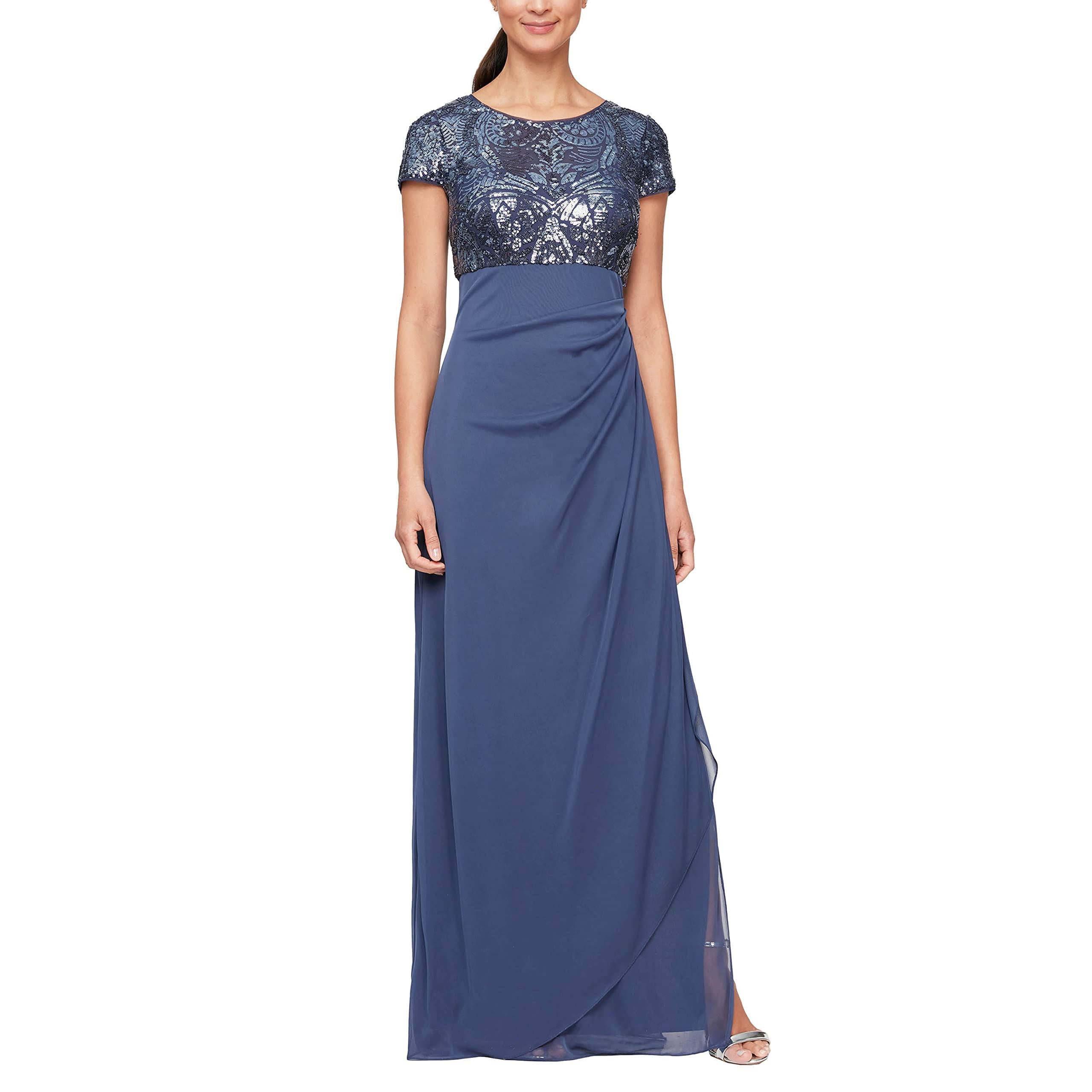 Petite Size Cap Sleeve Stretch Sequin Side Ruffle Gown J102