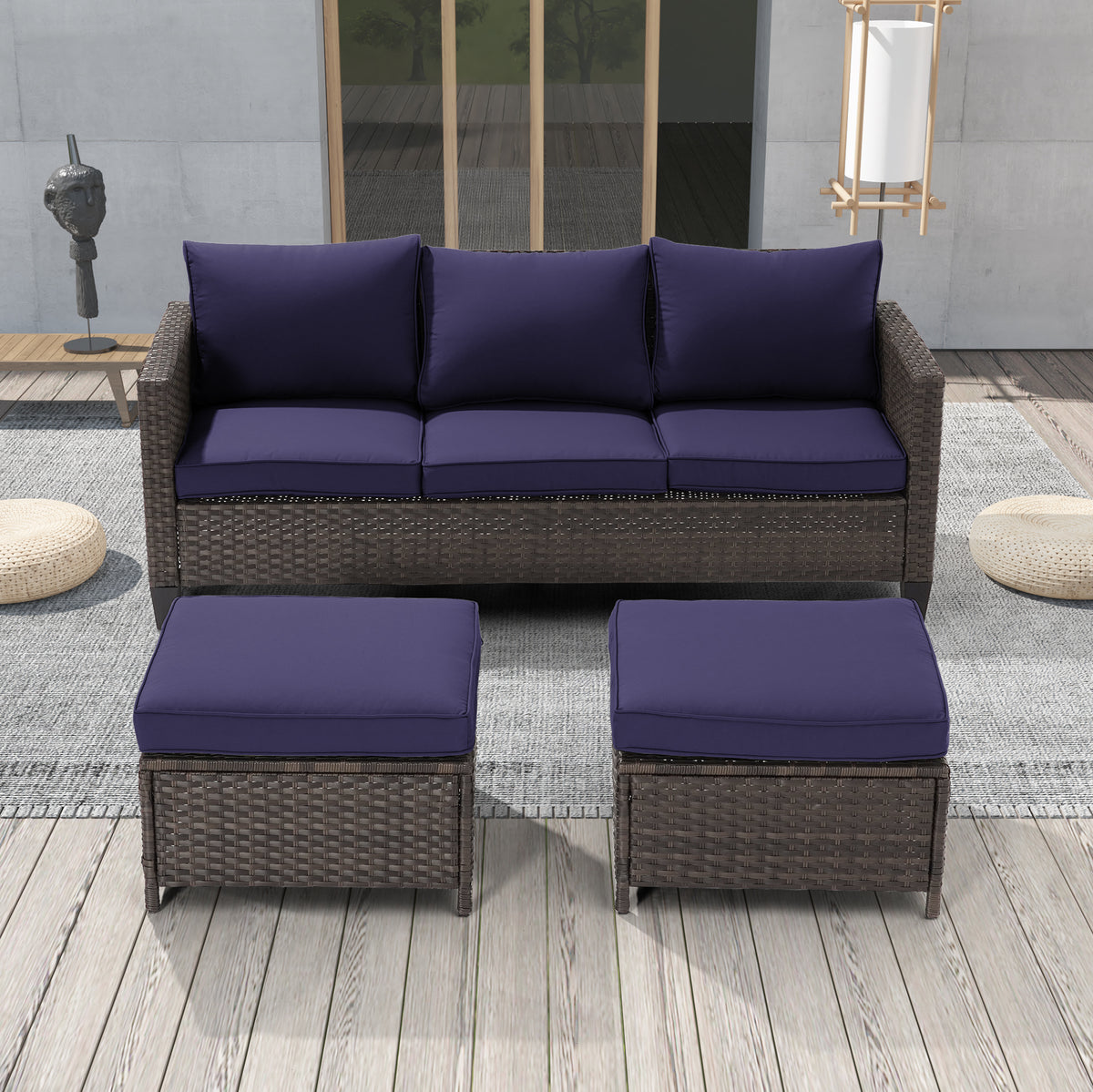 Navy Blue 3-Piece Rattan Patio Sofa Set R5786