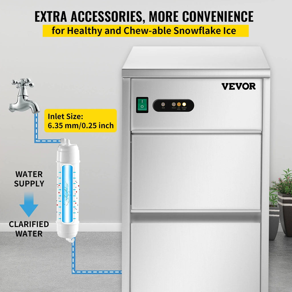 110V Commercial Snowflake Ice Maker 55lbs/24h, Food Grade Stainless Steel, Automatic Operation, Free Standing, Water Filter and Spoon Q776213