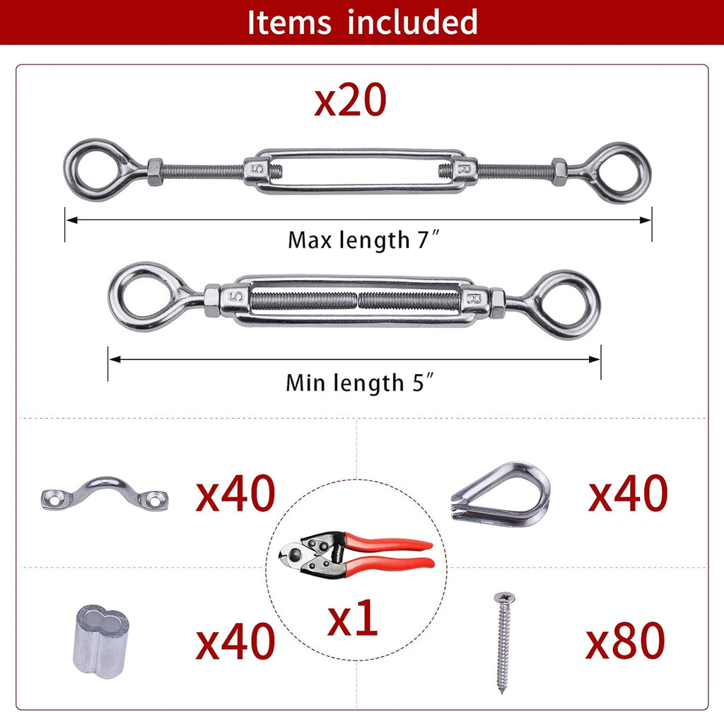 20Set 1/8" Stainless Steel Cable Railing Kit Hardware Turnbuckle M5 Eye to Eye Angle Adjustable Pack of 2 D79479
