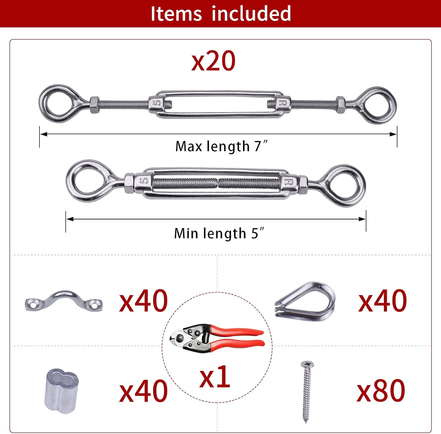 20Set 1/8" Stainless Steel Cable Railing Kit Hardware Turnbuckle M5 Eye to Eye Angle Adjustable Pack of 2 D79479