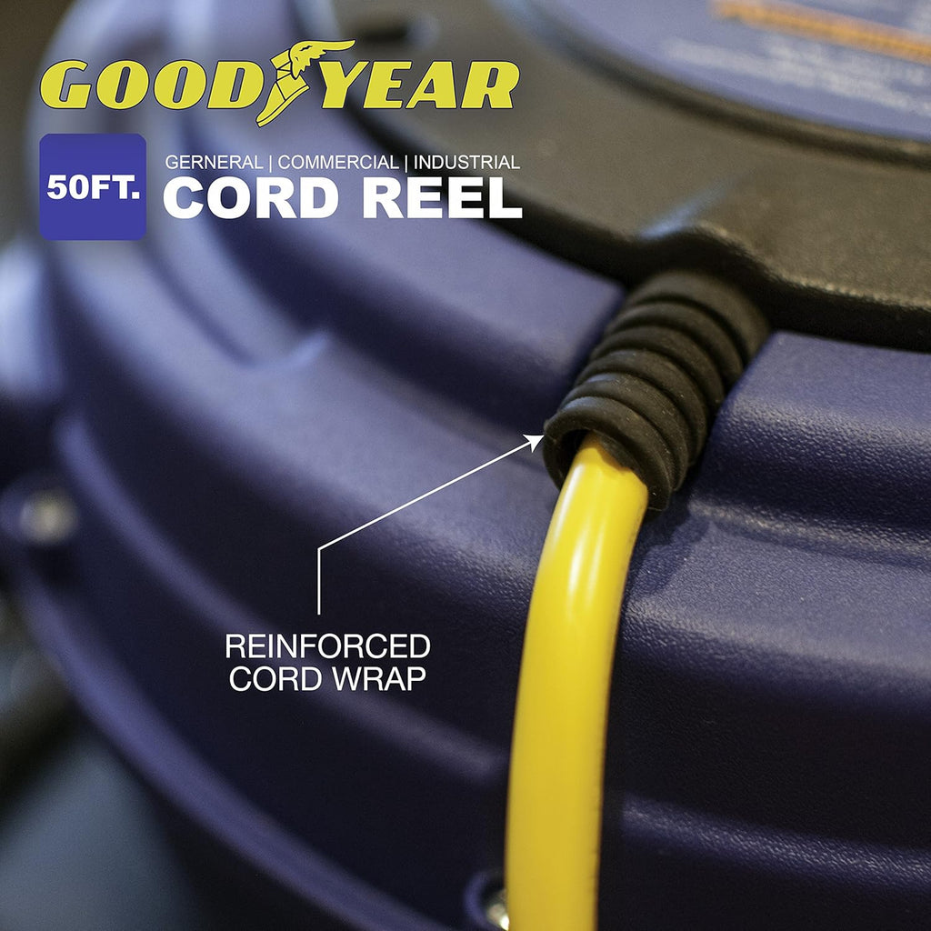 Retractable Extension Cord Reel 16AWG x 50' 3C/SJTOW LED Triple Tap Connector Power 7.5A 125VAC 938W H124110