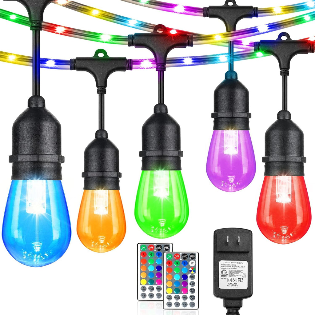 48FT RGB LED String Lights with Remote, Waterproof Edison Bulb Outdoor Lights D254