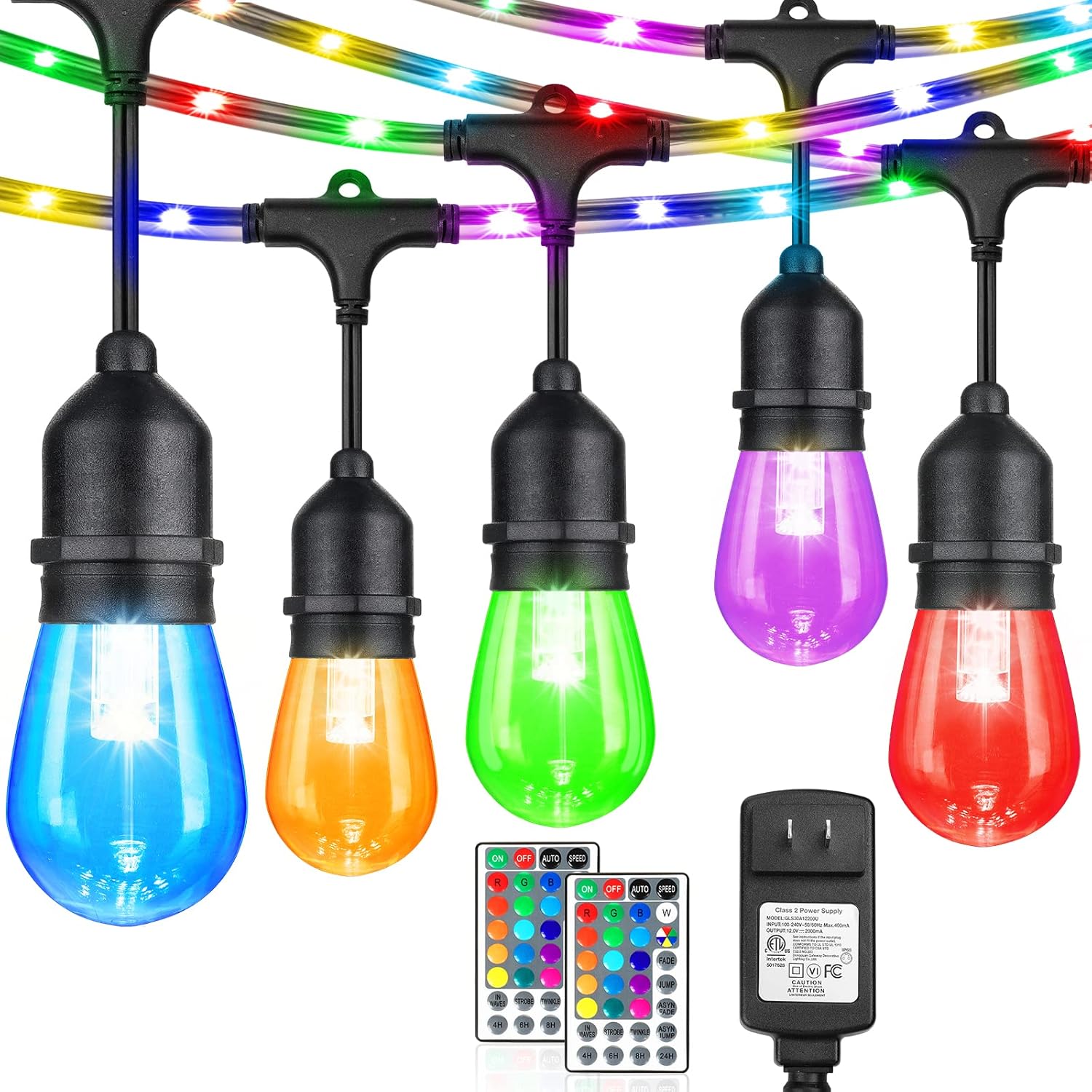 48FT RGB LED String Lights with Remote, Waterproof Edison Bulb Outdoor Lights D254