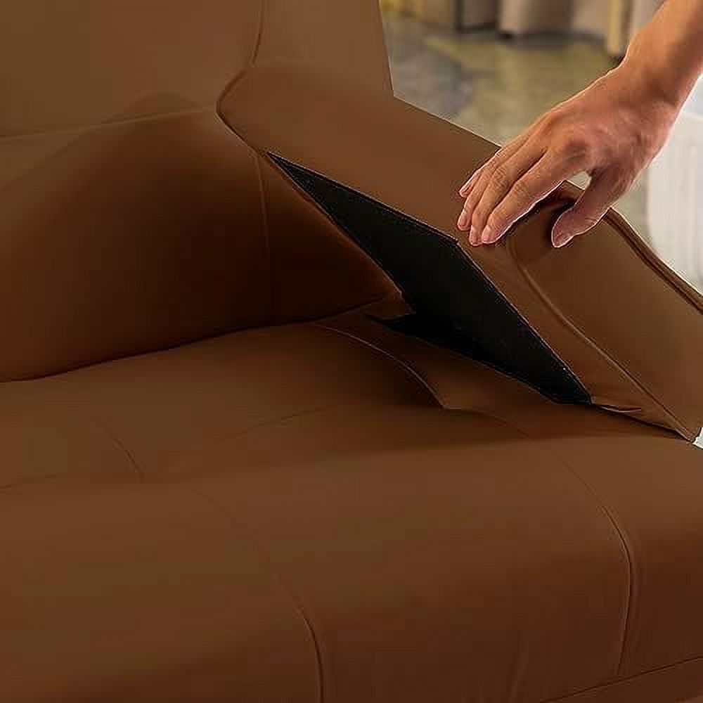 Brown Leather Futon Sofa Bed with Cup Holders and Removable Armrest A452
