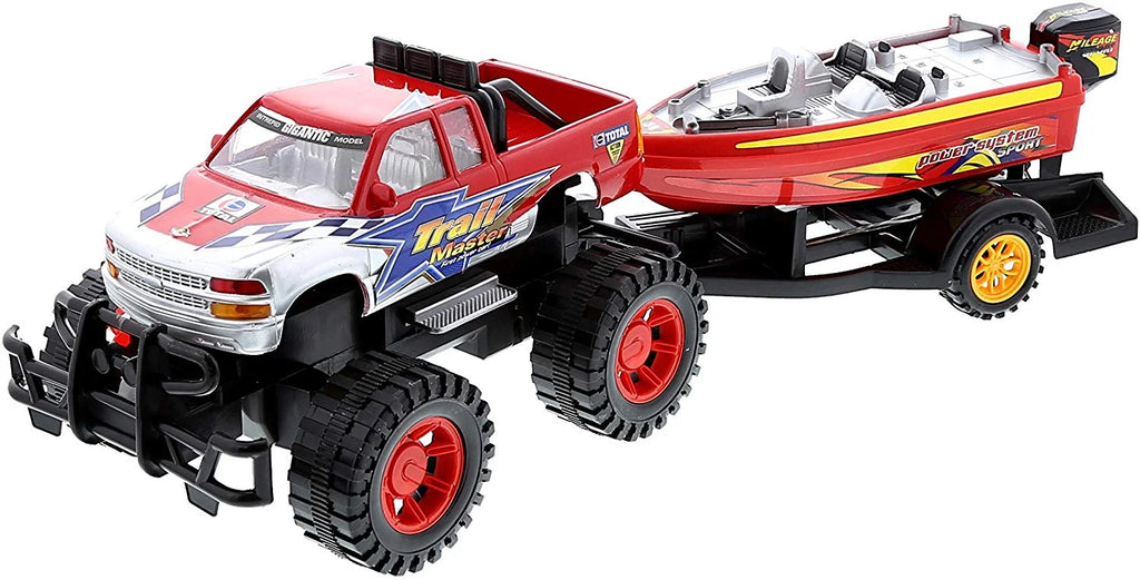Red Black 9 Inch Truck with Detachable Trailer and 10 Inch Boat Friction Push Powered Playset L988625