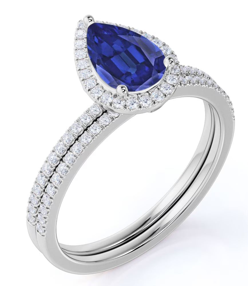 1.5 Carat Pear Shaped Blue Sapphire Bridal Set in 18k White Gold over Silver F326292