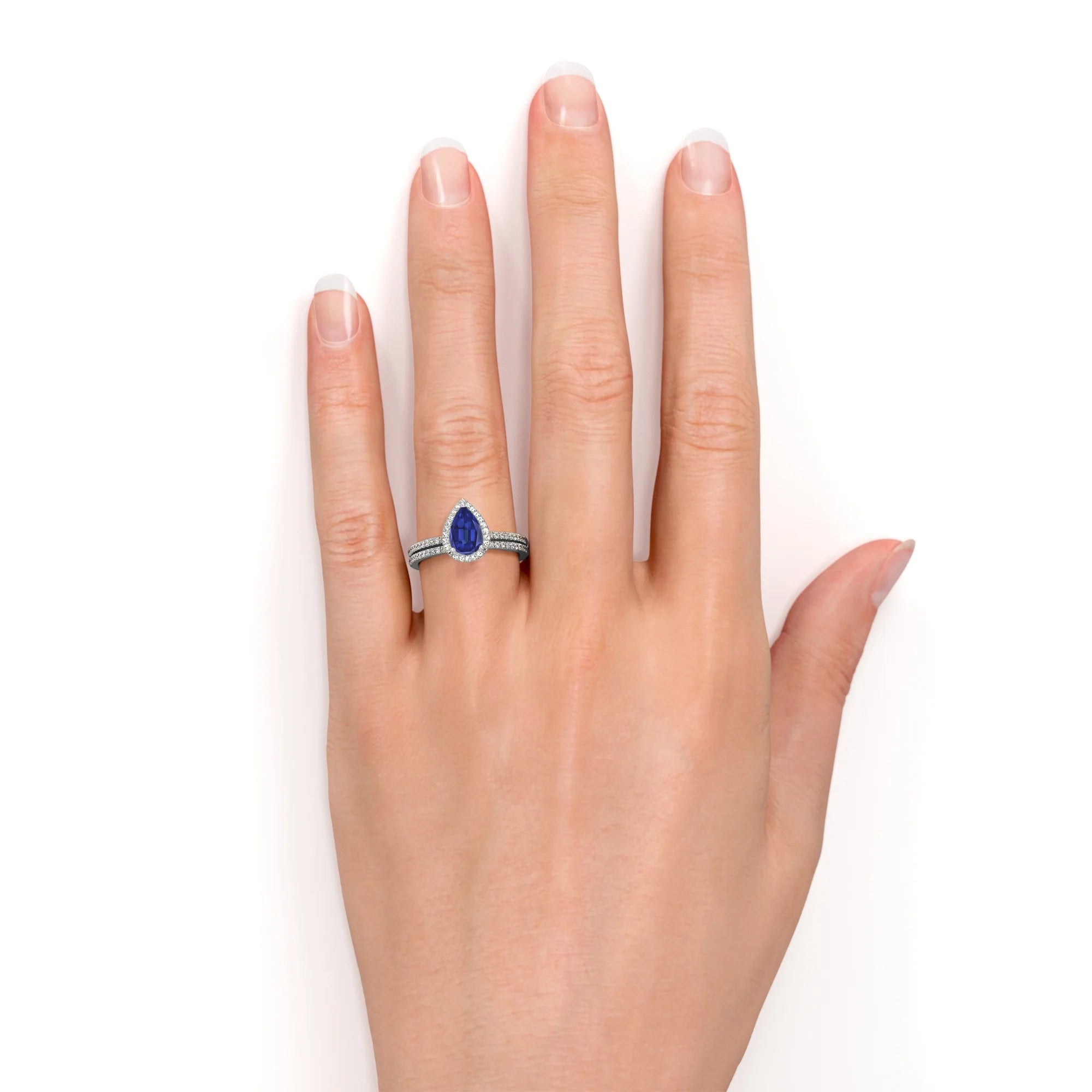 1.5 Carat Pear Shaped Blue Sapphire Bridal Set in 18k White Gold over Silver F326292