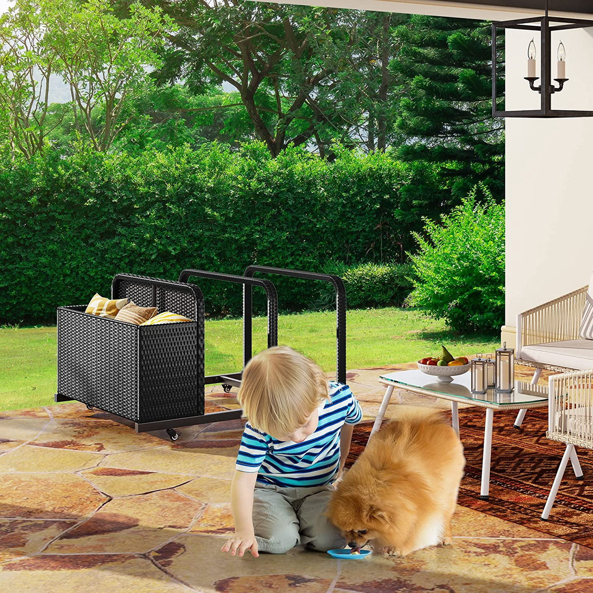 Black PE Rattan Deck Box with Rolling Wheels O976773