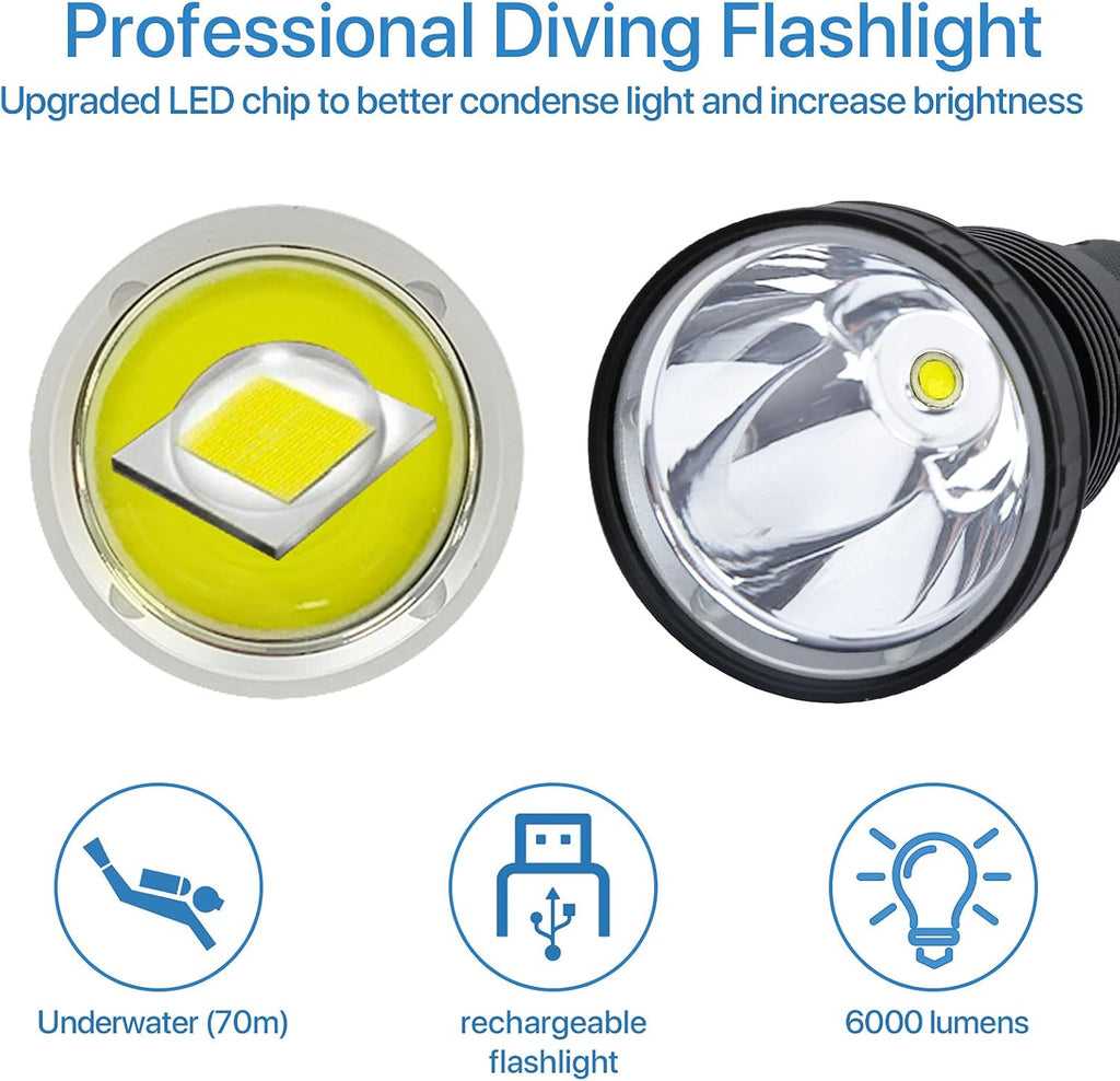 6000 Lumen Waterproof Rechargeable LED Diving Flashlight, Pack of 2 B965721
