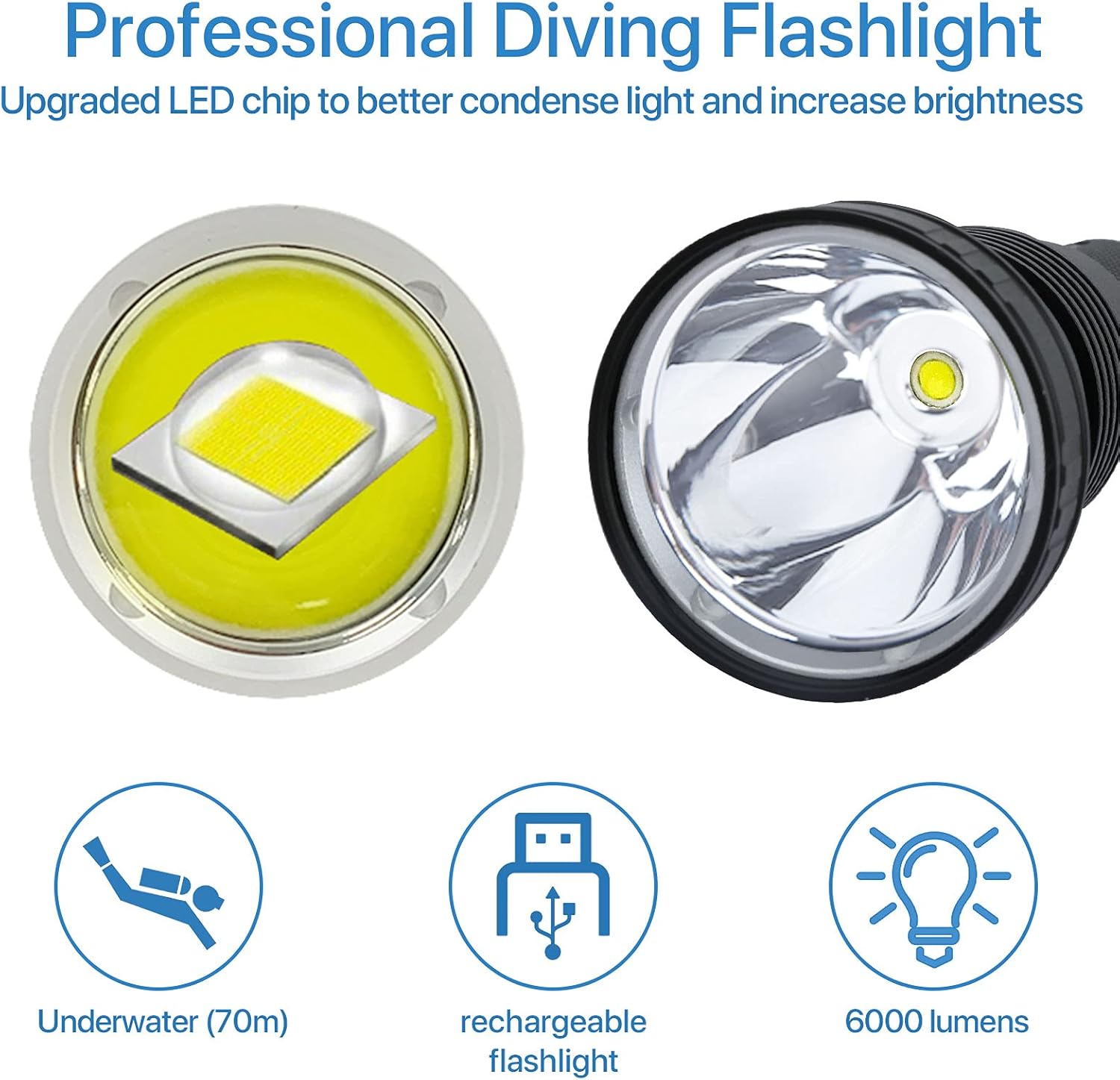 6000 Lumen Waterproof Rechargeable LED Diving Flashlight, Pack of 2 B965721