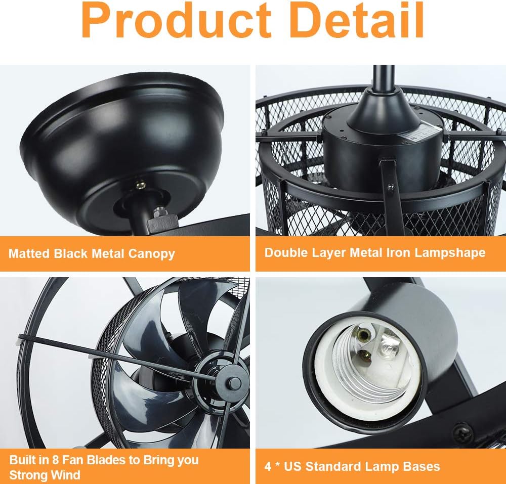 20In Caged Ceiling Fan with Light, 3 Speeds Adjustable, Remote, Black C13034