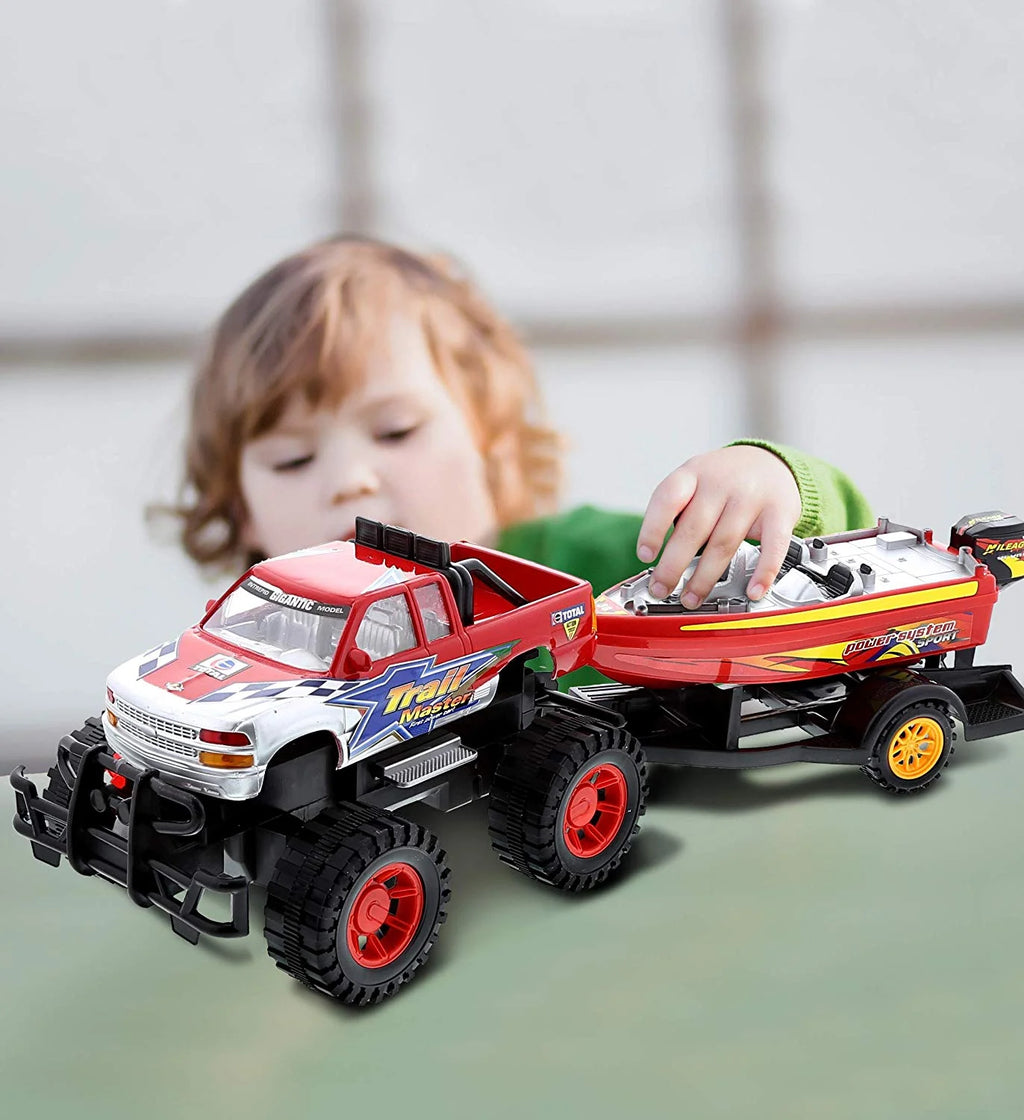 Red Black 9 Inch Truck with Detachable Trailer and 10 Inch Boat Friction Push Powered Playset L988625