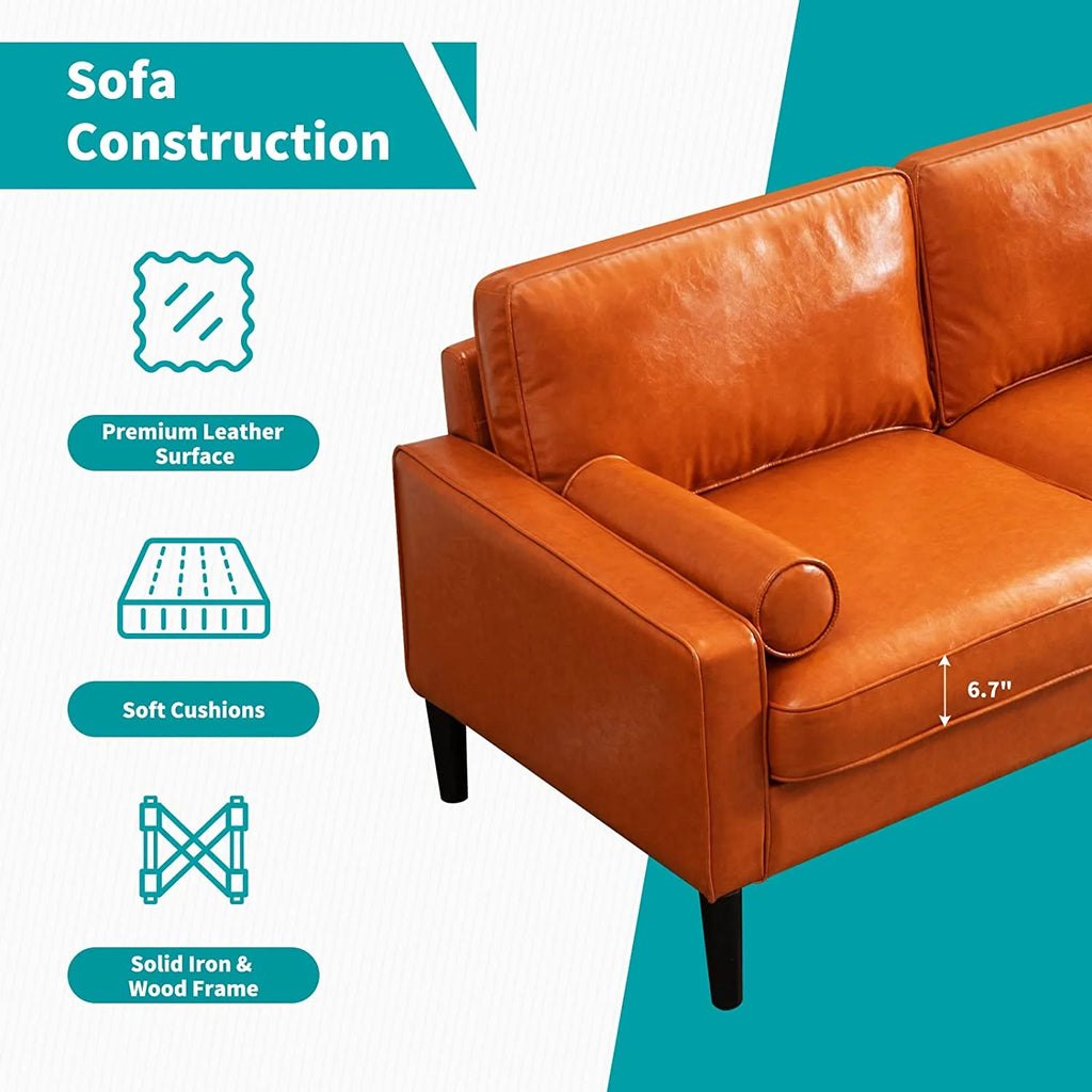Convertible Sectional Sofa with Reversible Chaise, 3 Seat Faux Leather L-Shape Sofa with 2 Cylindrical Pillows D9111