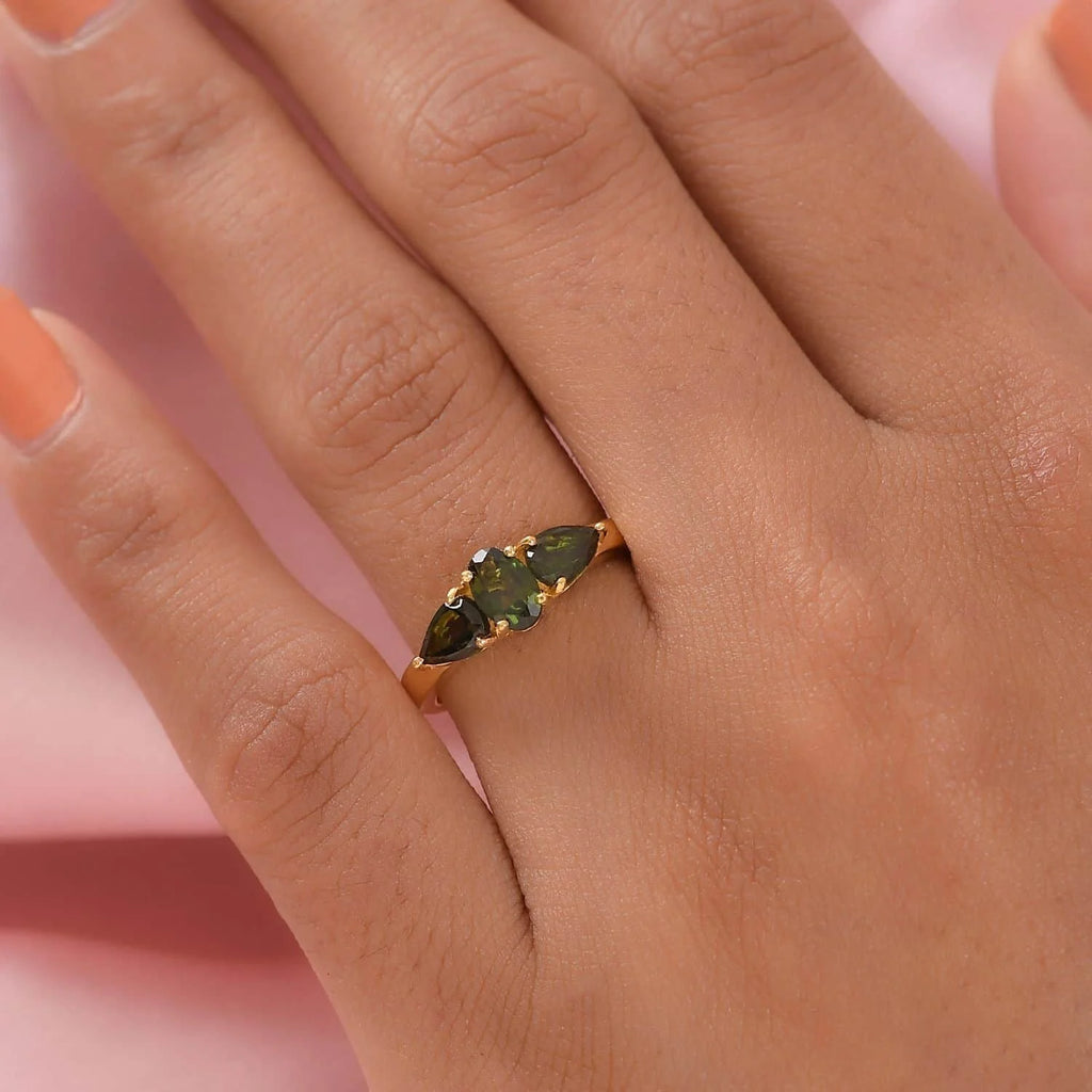 Chrome Tourmaline Oval 925 Sterling Silver Vermeil Yellow Gold Plated 3 Stone Ring Size 7 Ct 0.95 J164